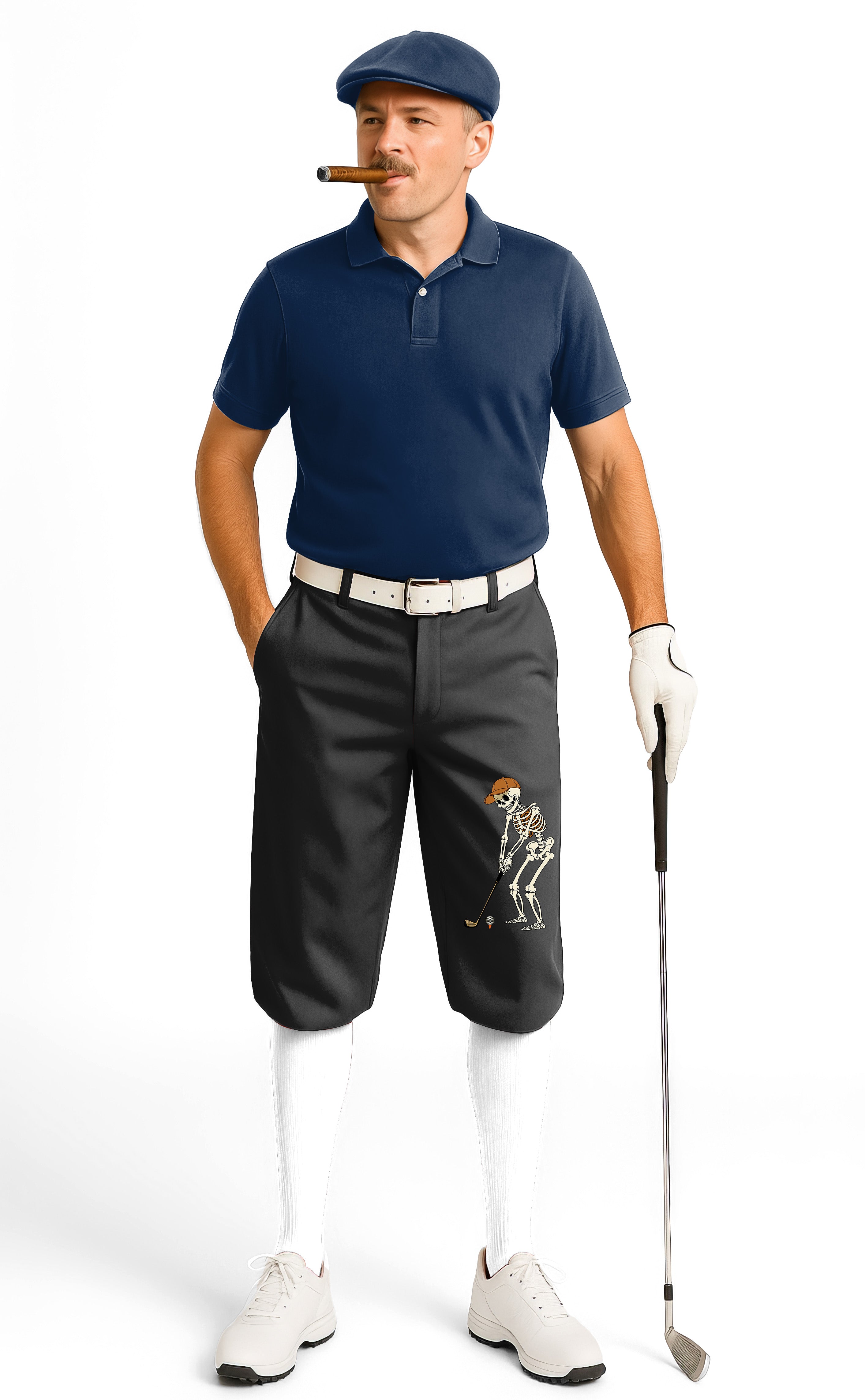 Men's black golf knickers with pumpkin black Halloween skeleton design and adjustable waist.