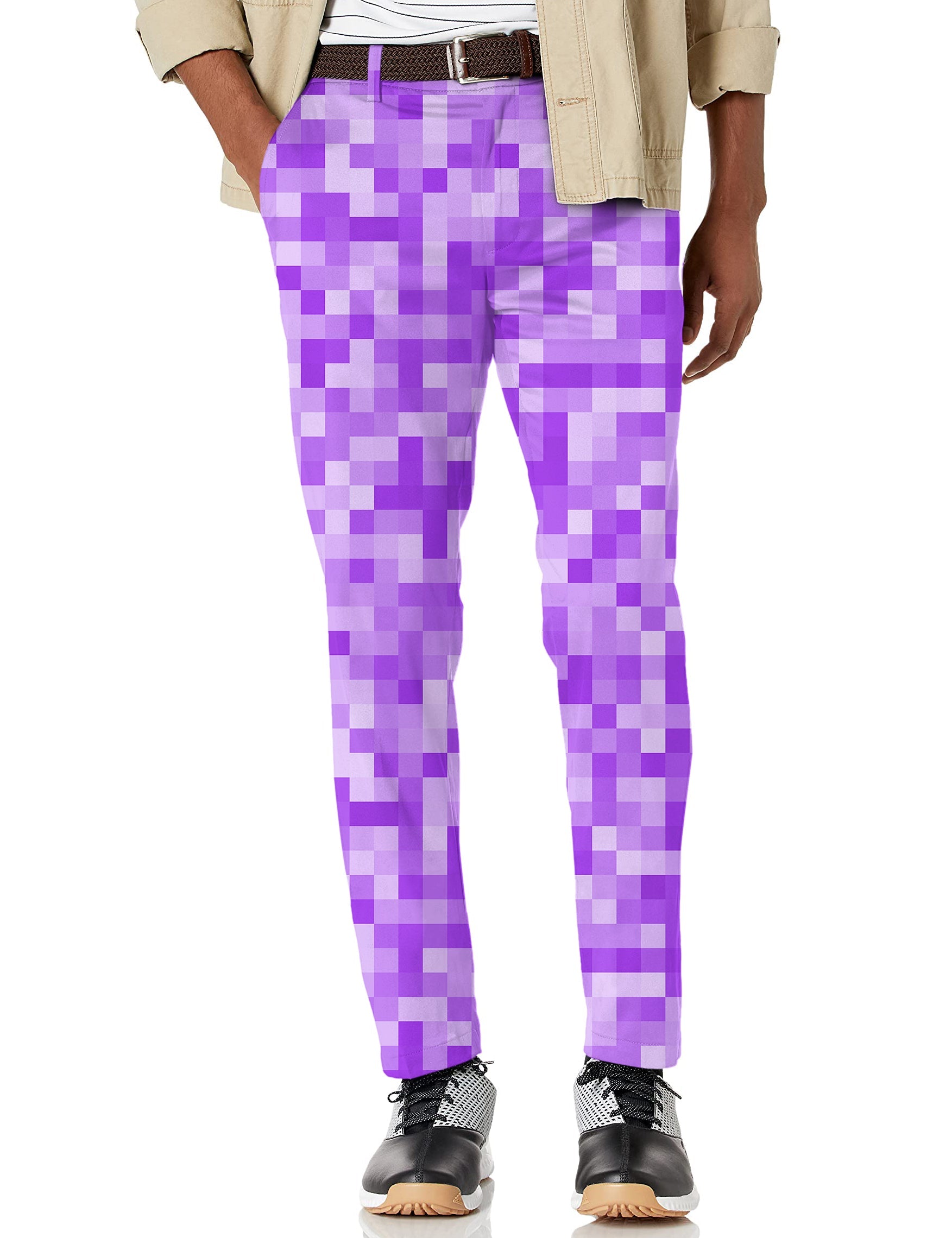 Men's Purple Pixel big stretch golf pants with moisture-wicking, wrinkle-resistant fabric and active waistband.