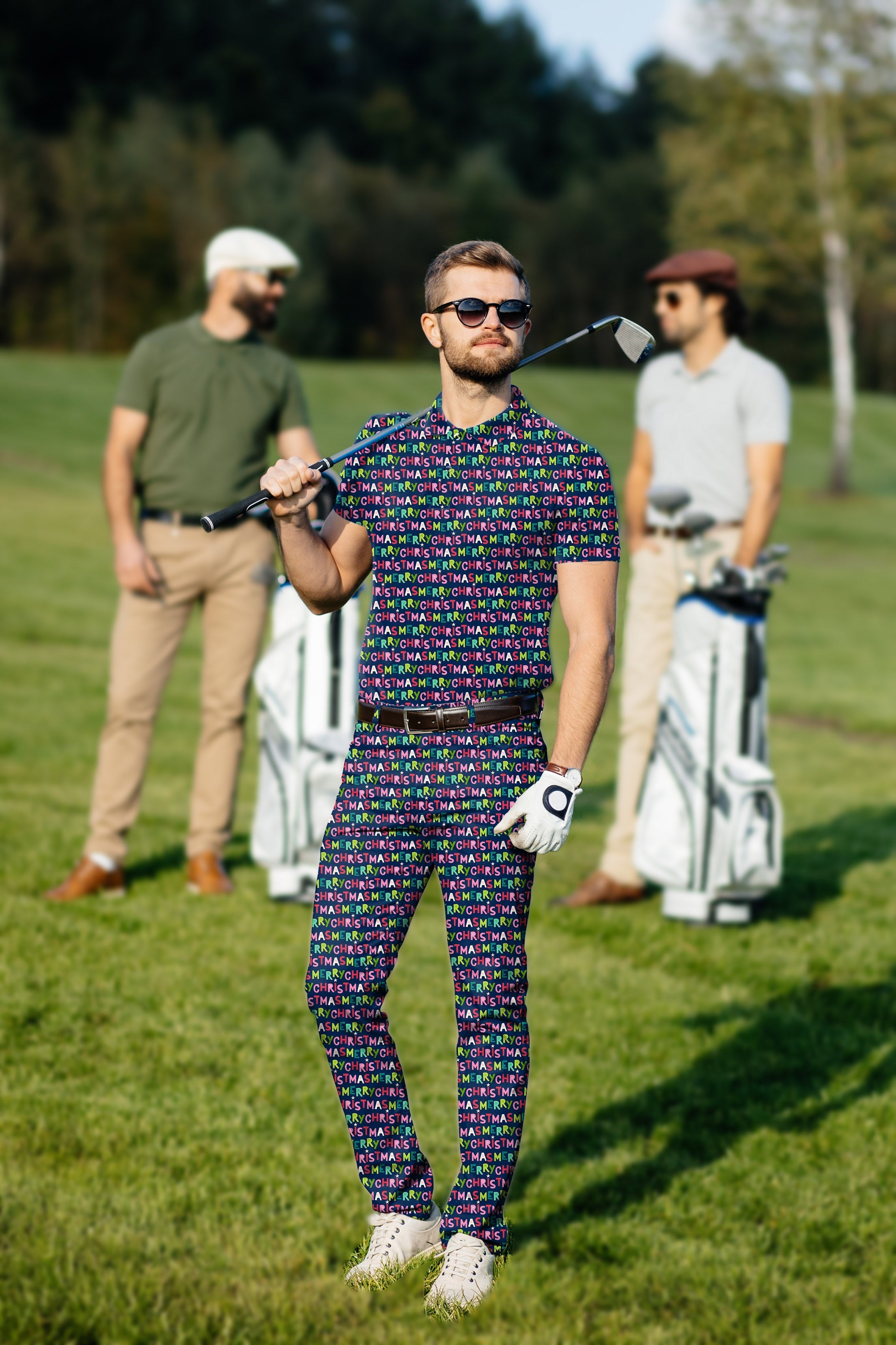 Men's golf set polo and pants with stars and snowflakes pattern on golf course