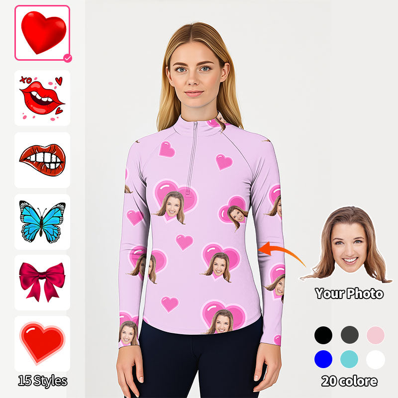 Valentine's Day custom photo purple women's golf 3/4 zip active top with heart and face print