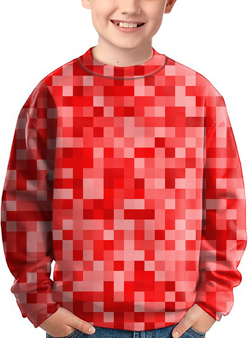 Kid wearing red pixel big crewneck pullover ugly sweater with pixelated pattern