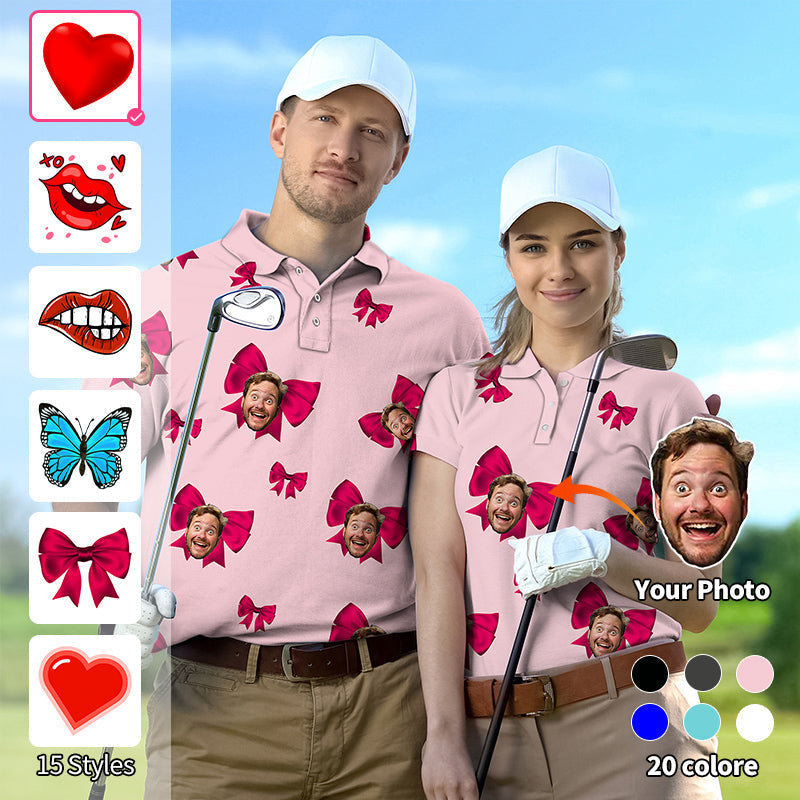 Valentine's Day custom pink couple golf shirts with personalized face and bow design for tournament