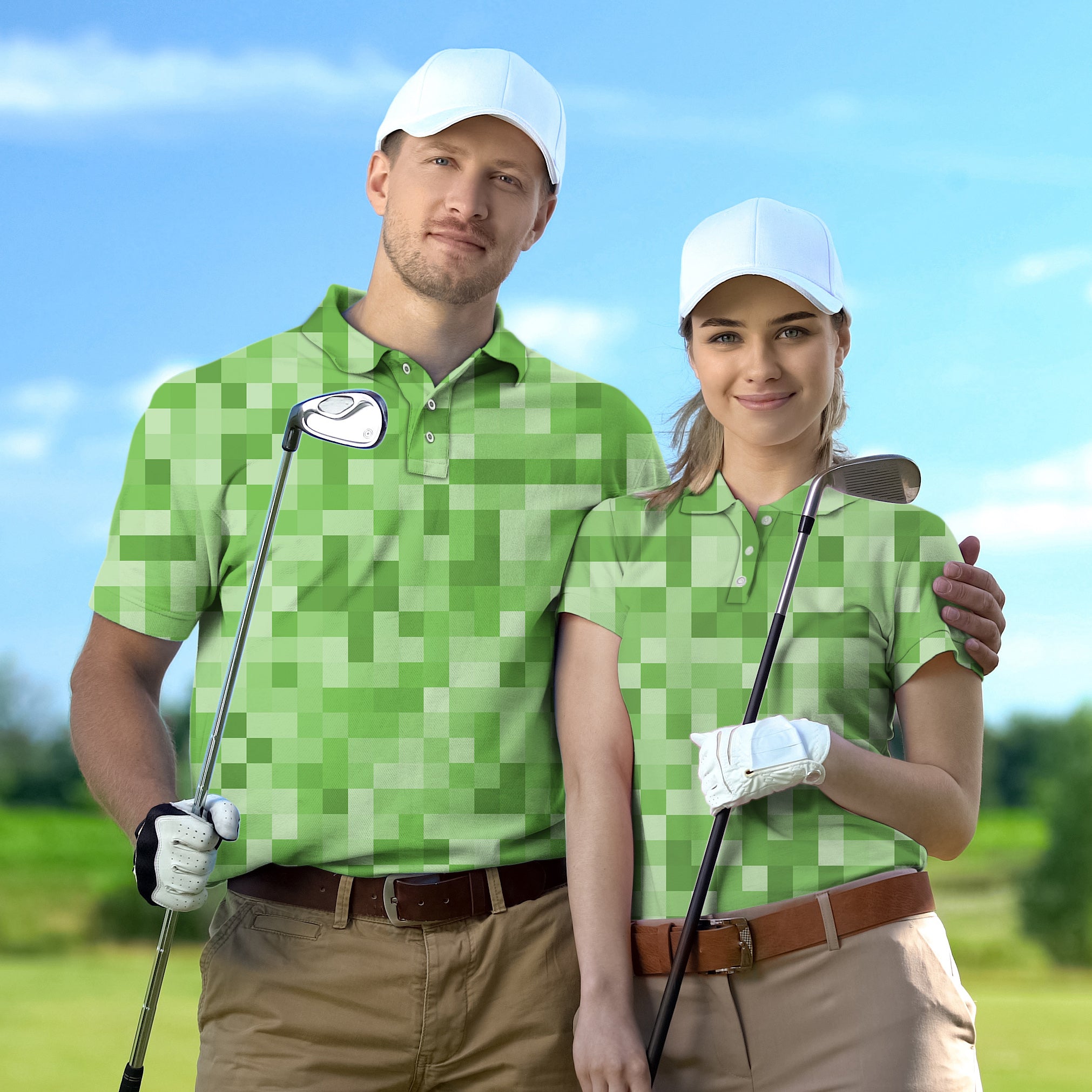 Couple wearing light green pixel pattern golf shirts with white caps holding golf clubs on course