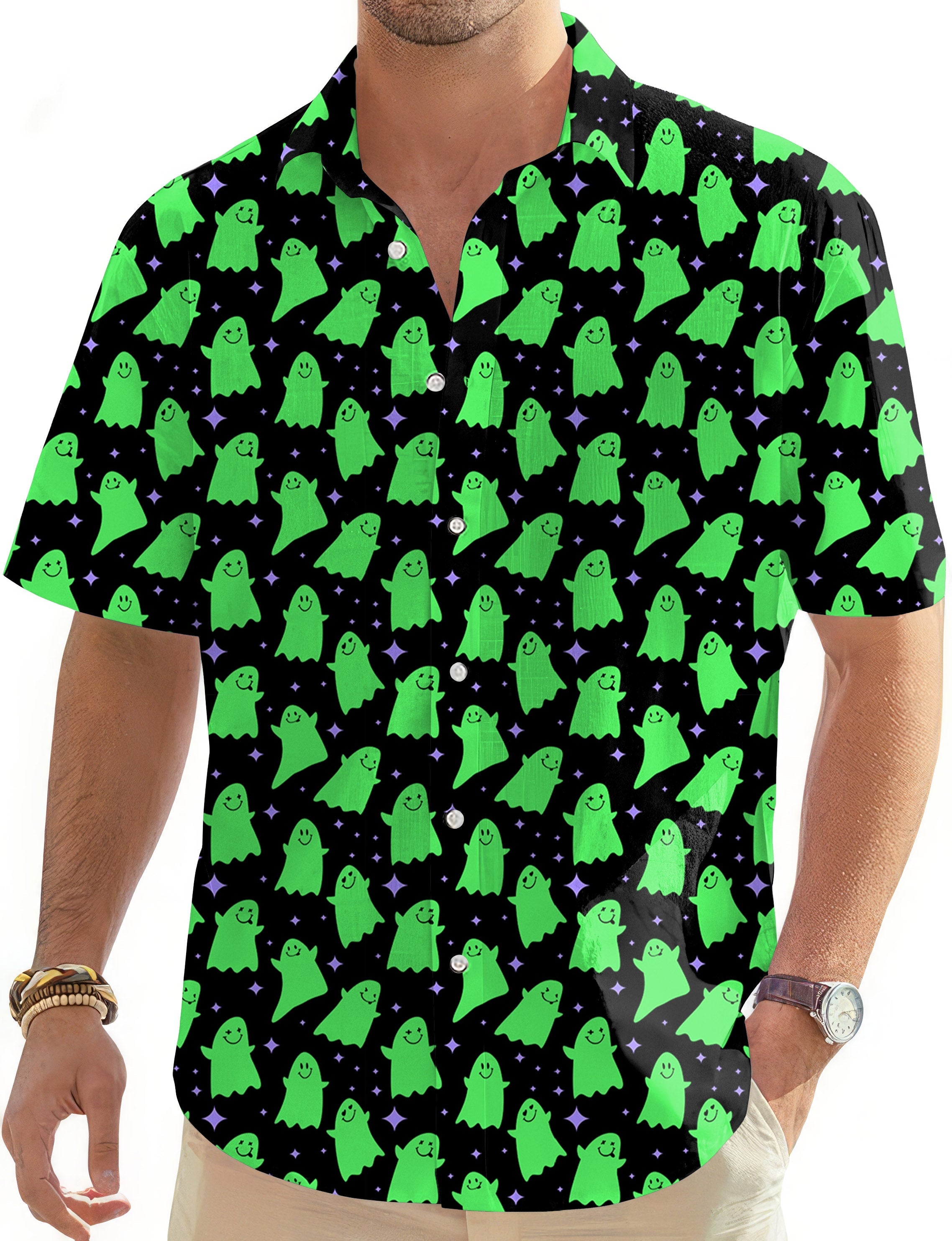 Men's Halloween Green Ghost golf shirt with button-down collar and short sleeves