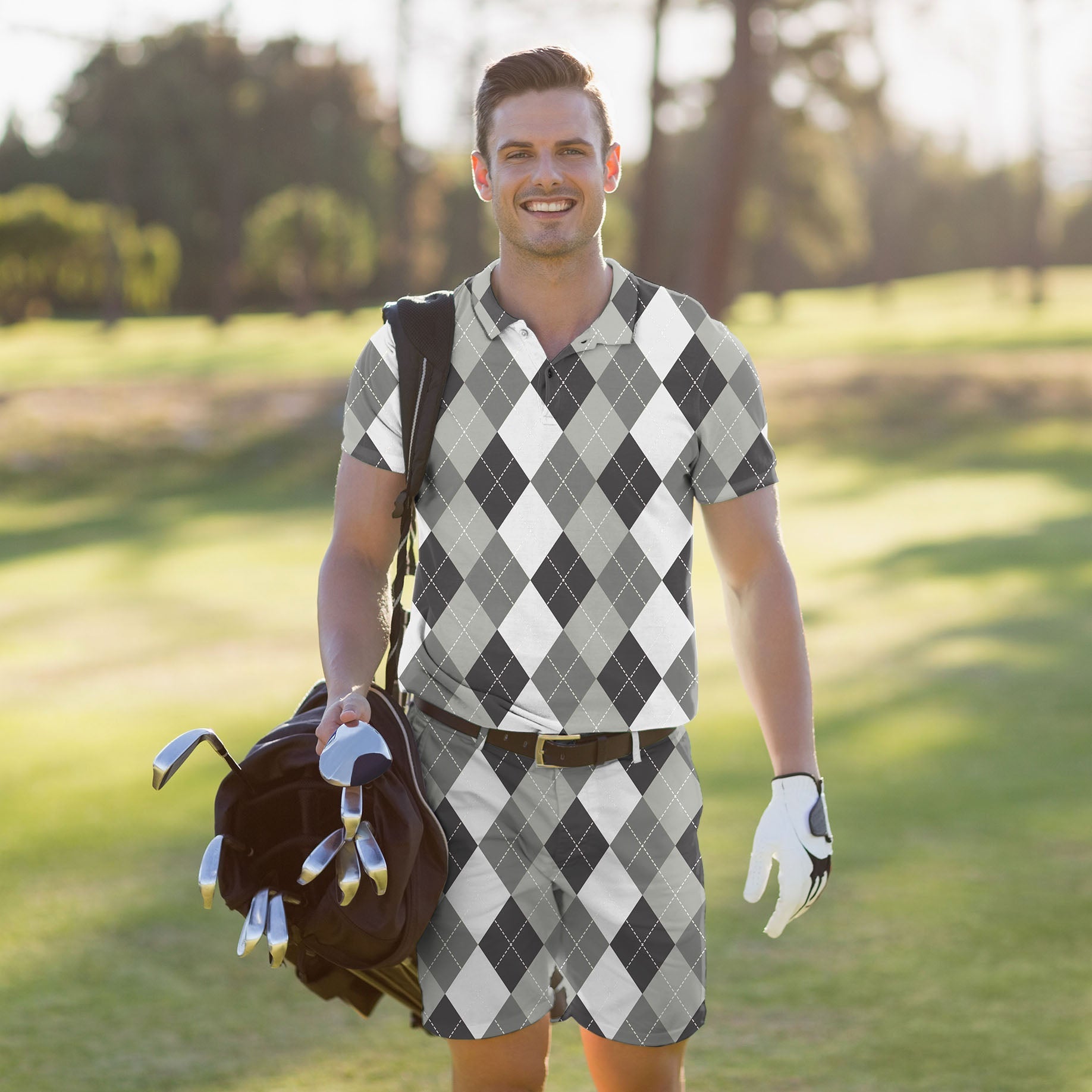 Men's Golf Set with grey Argyle polo and shorts, moisture-wicking, four-way stretch, UPF 40+, wrinkle-resistant, classic fit for comfort and style on the green