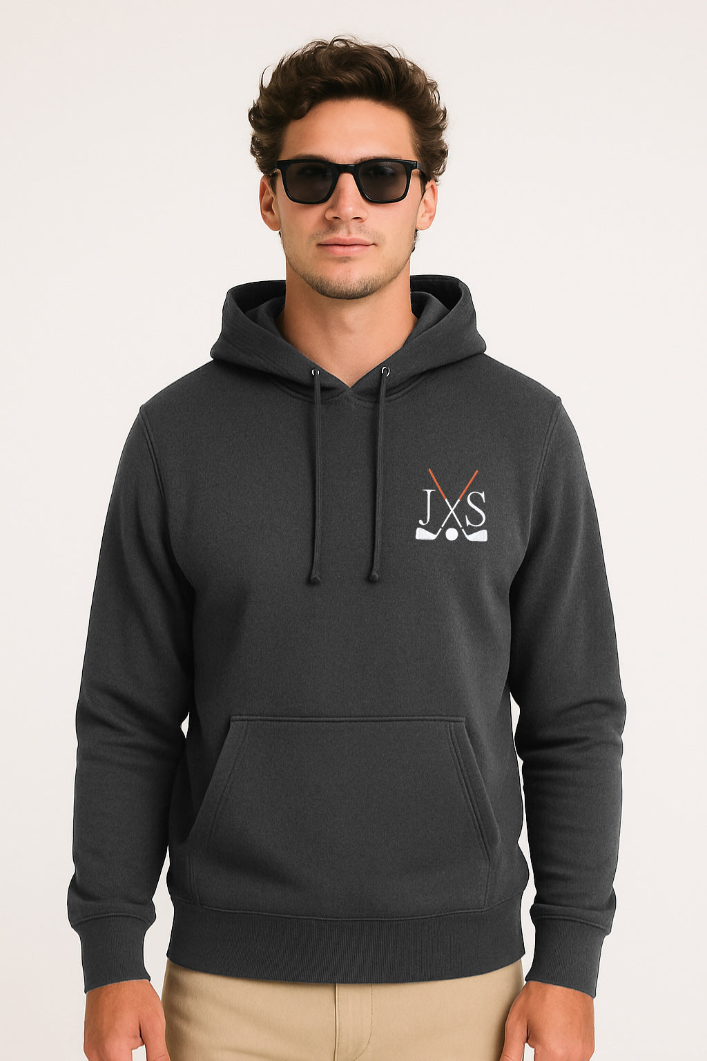Black plus size men's hoodie with embroidery solid color, three-panel hood, rib knit cuffs, and front pouch pocket.