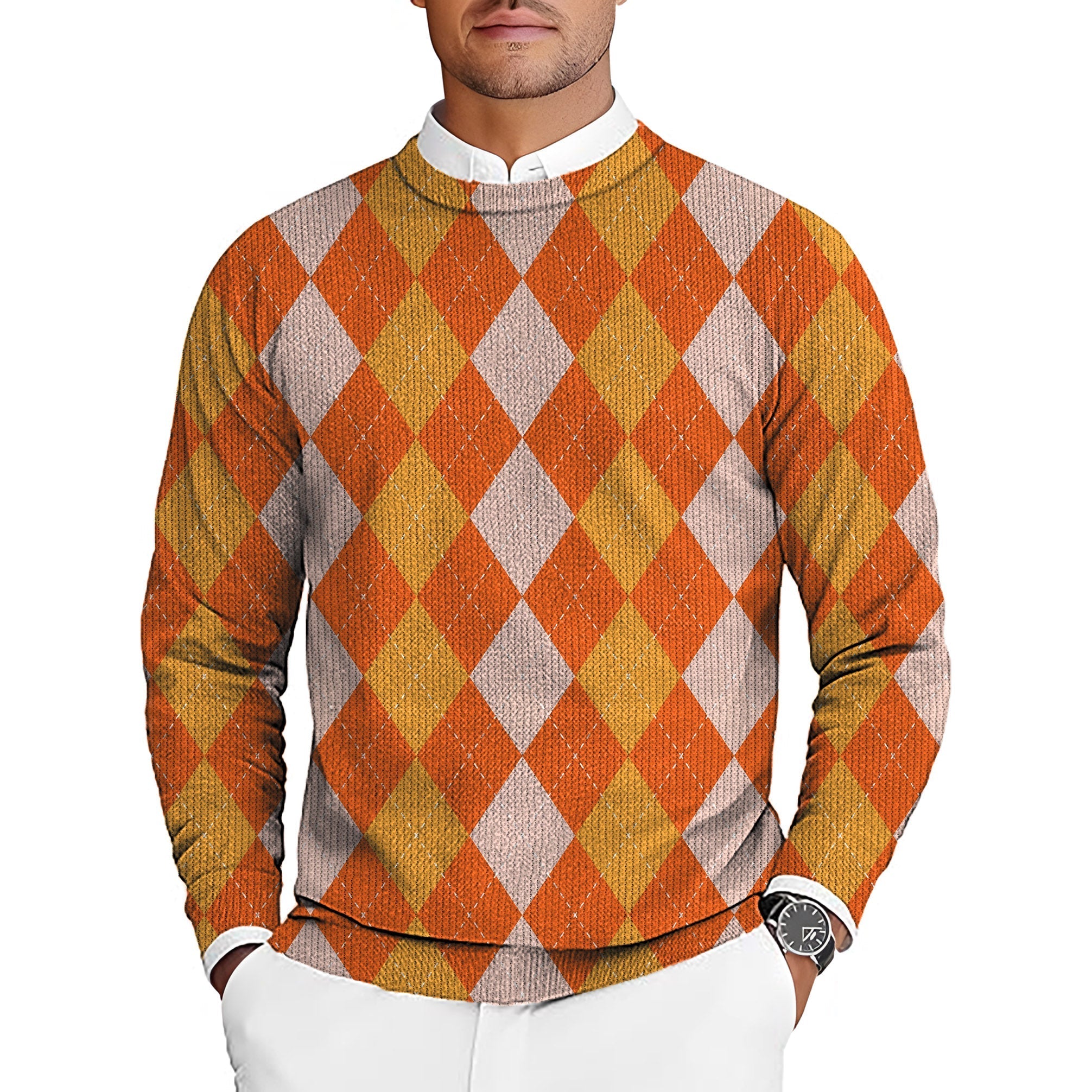 Halloween Orange Apricot argyle men's golf crewneck pullover sweater with diamond pattern