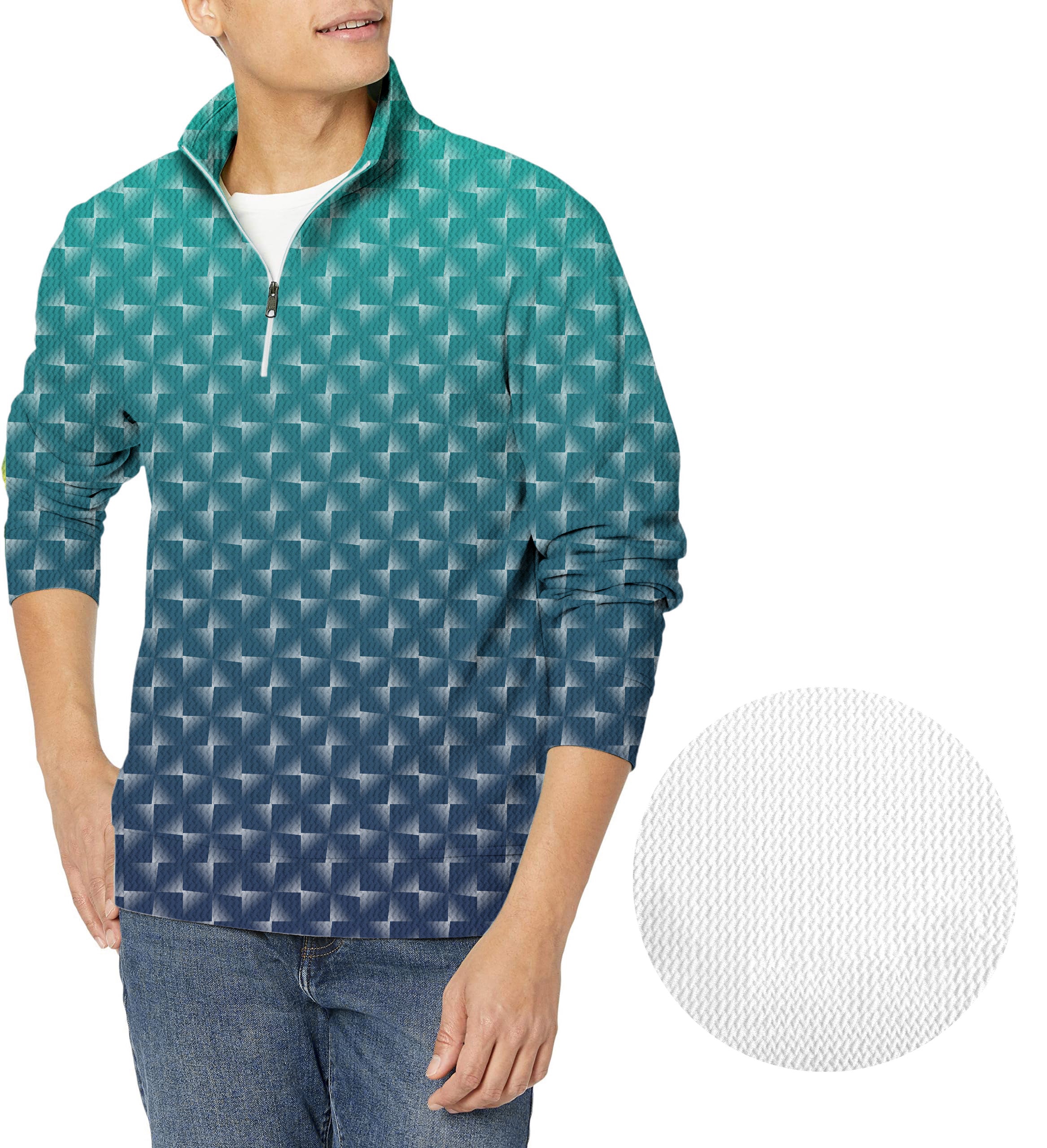 Men's custom sport golf pullover with cyan gradient waffle texture and zipper