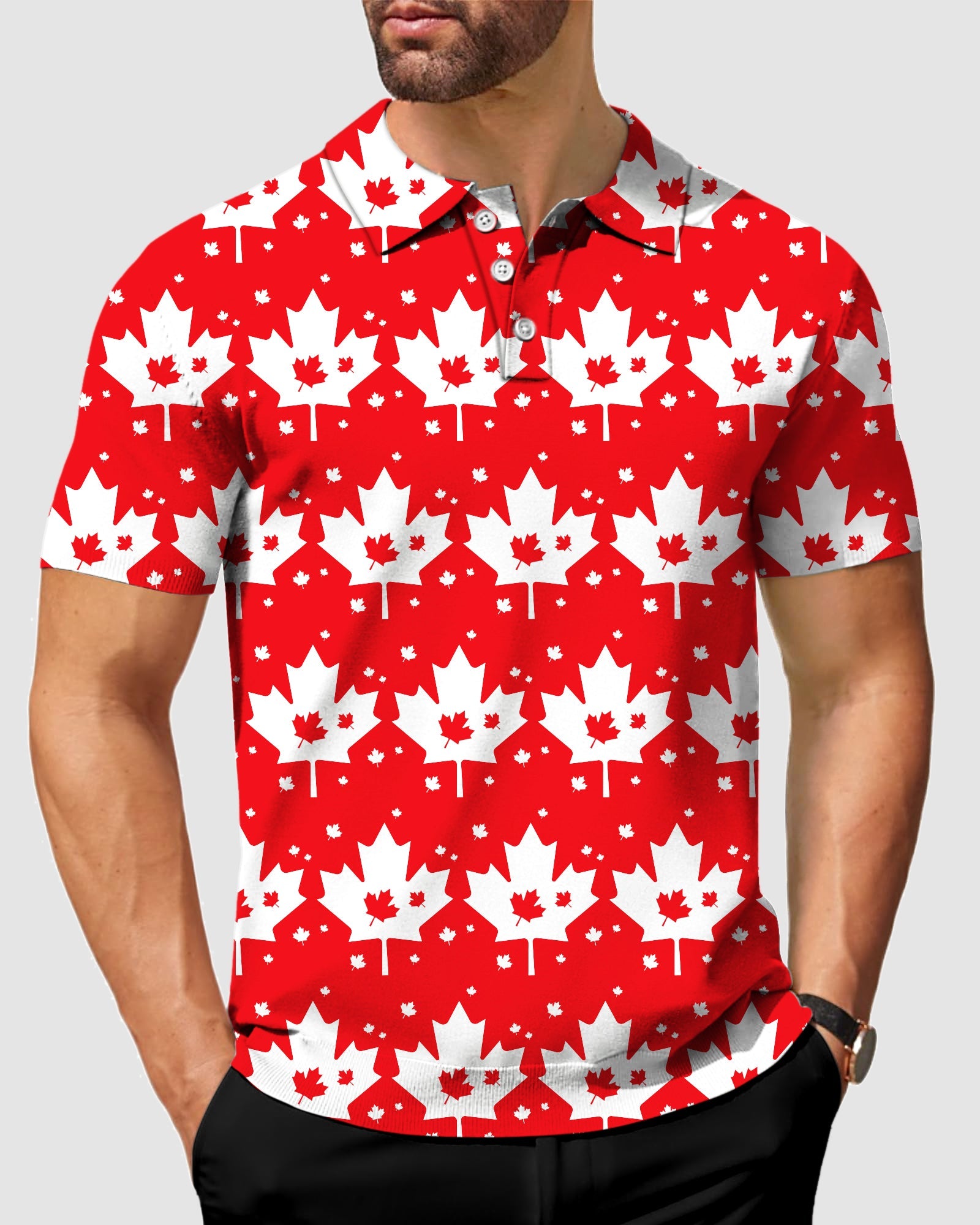 Men's Canadian Maple Leaf Polo with customizing options, moisture-wicking, wrinkle-resistant fabric, UPF 40+, and classic fit.