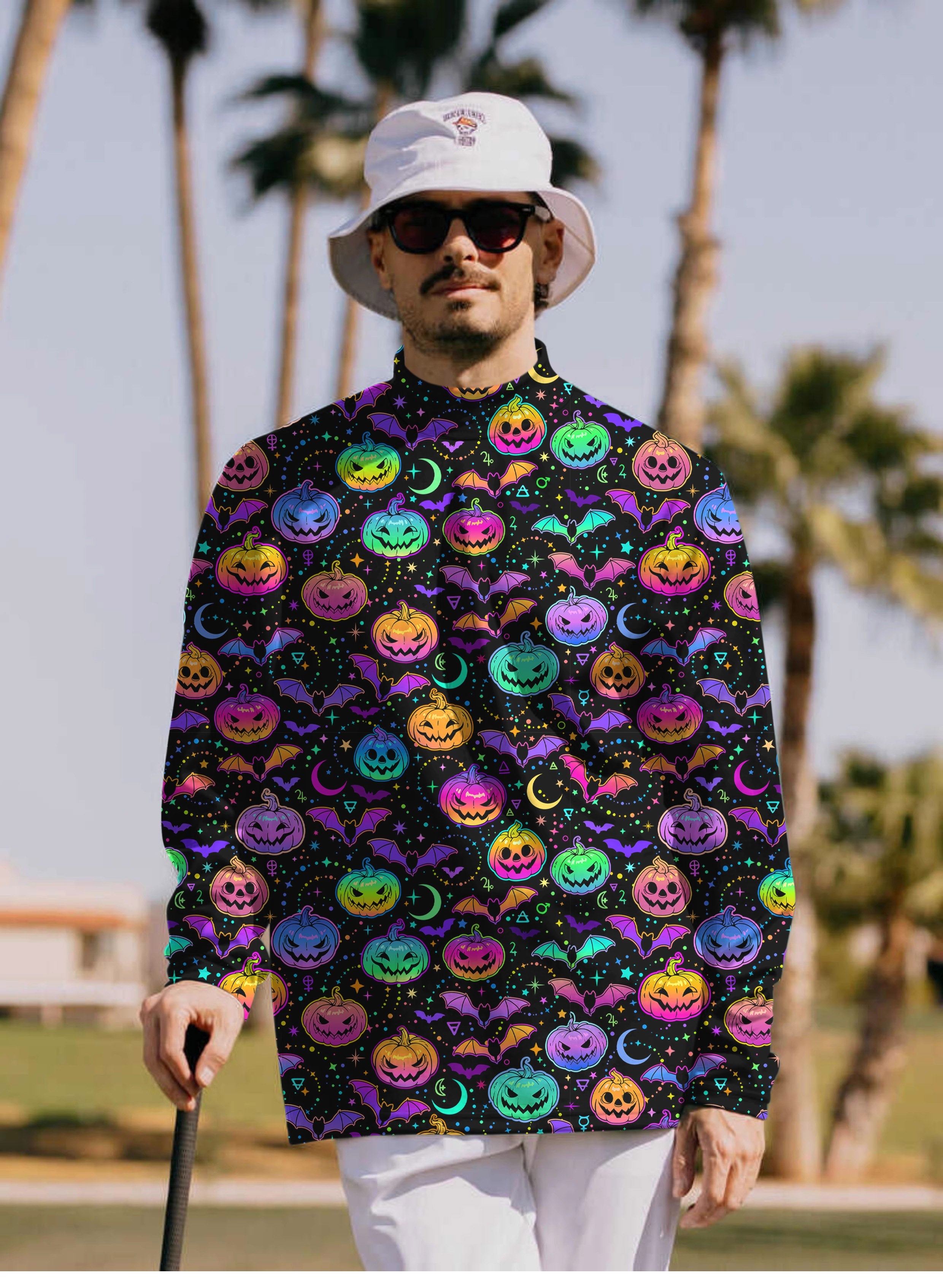 Men's neon Halloween pumpkin pullover with colorful jack-o'-lanterns and high neck design