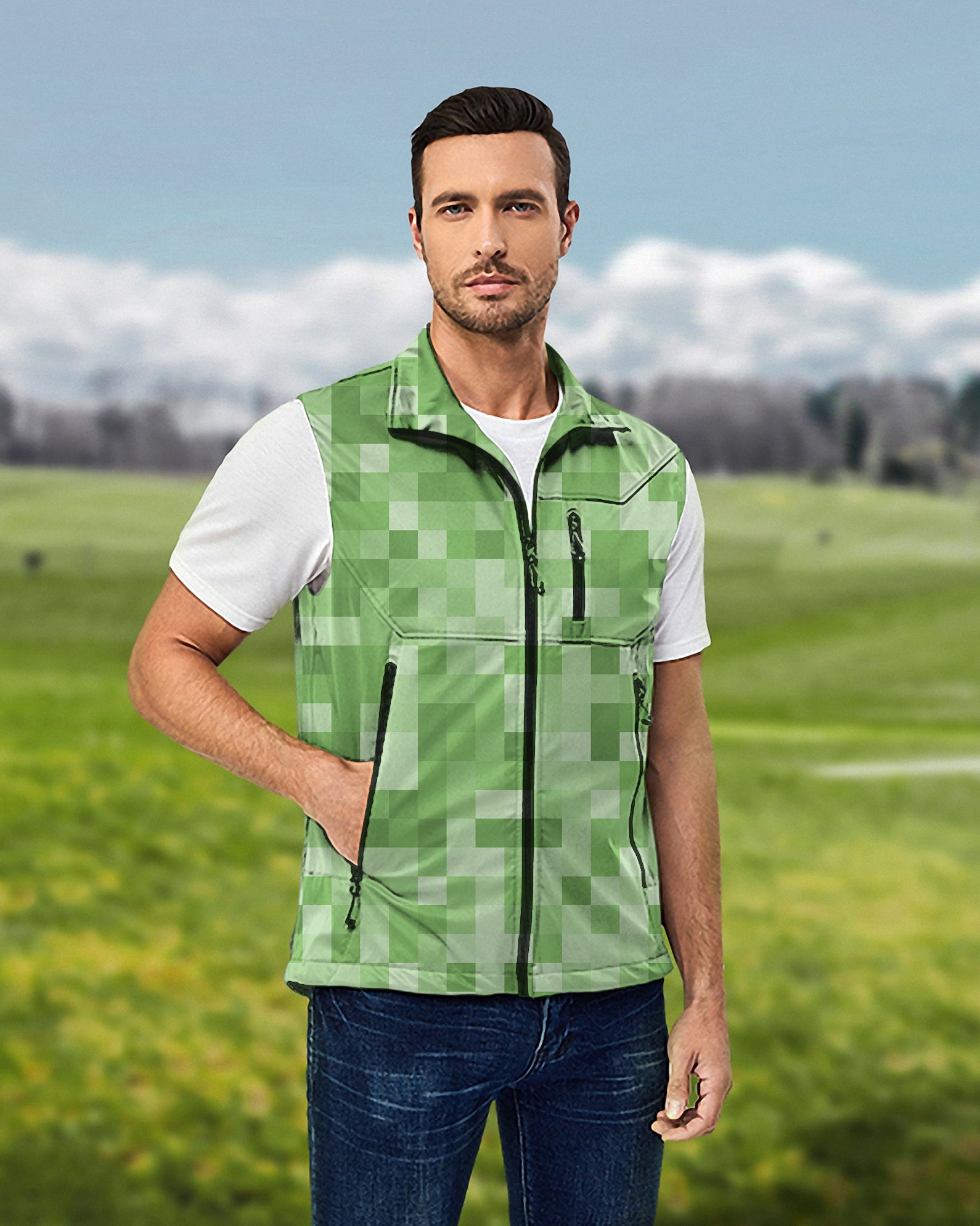 Men's Light Green Pixel Big Lightweight Softshell Vest Sleeveless Jacket for Golf Windproof Waterproof