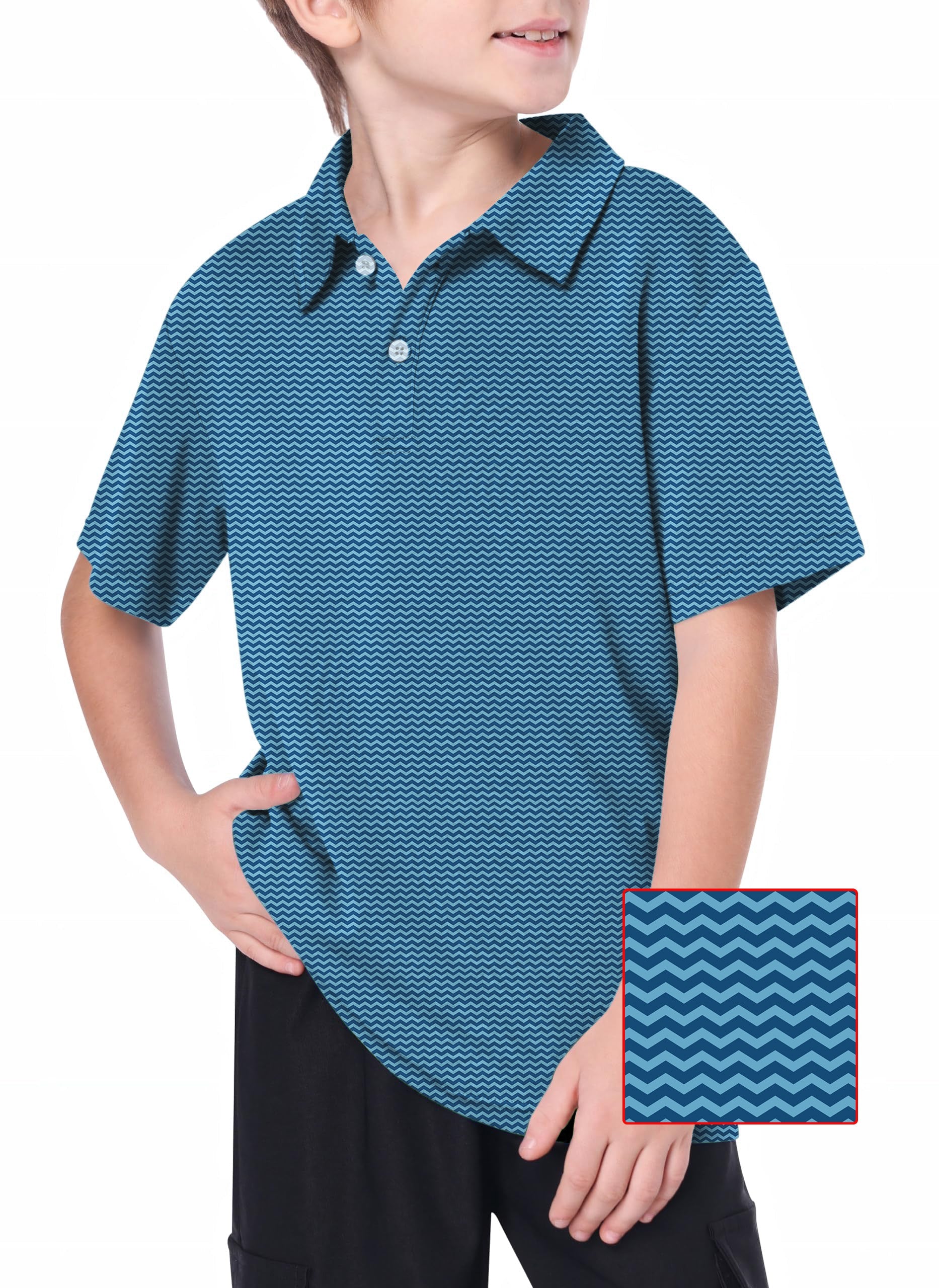 Youth Blue Waves Golf Polo with 4-way stretch and moisture-wicking fabric, worn by youth model