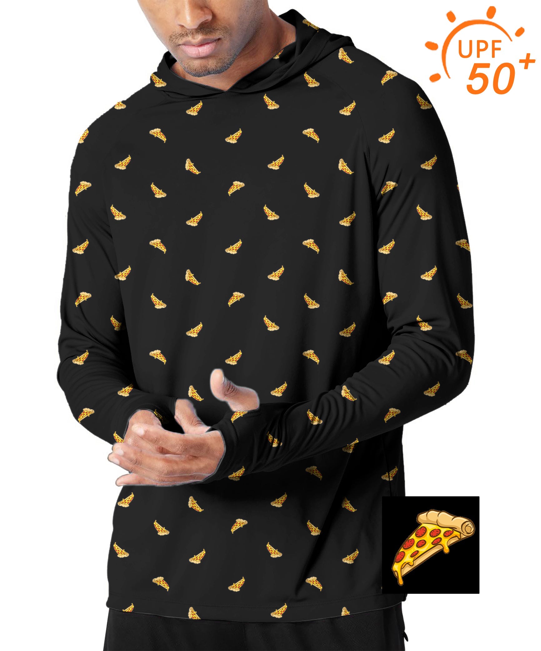 Men's Outdoor Delicious White Pizza slim fit black hoodie with UPF 50+ sun protection and pizza slice print