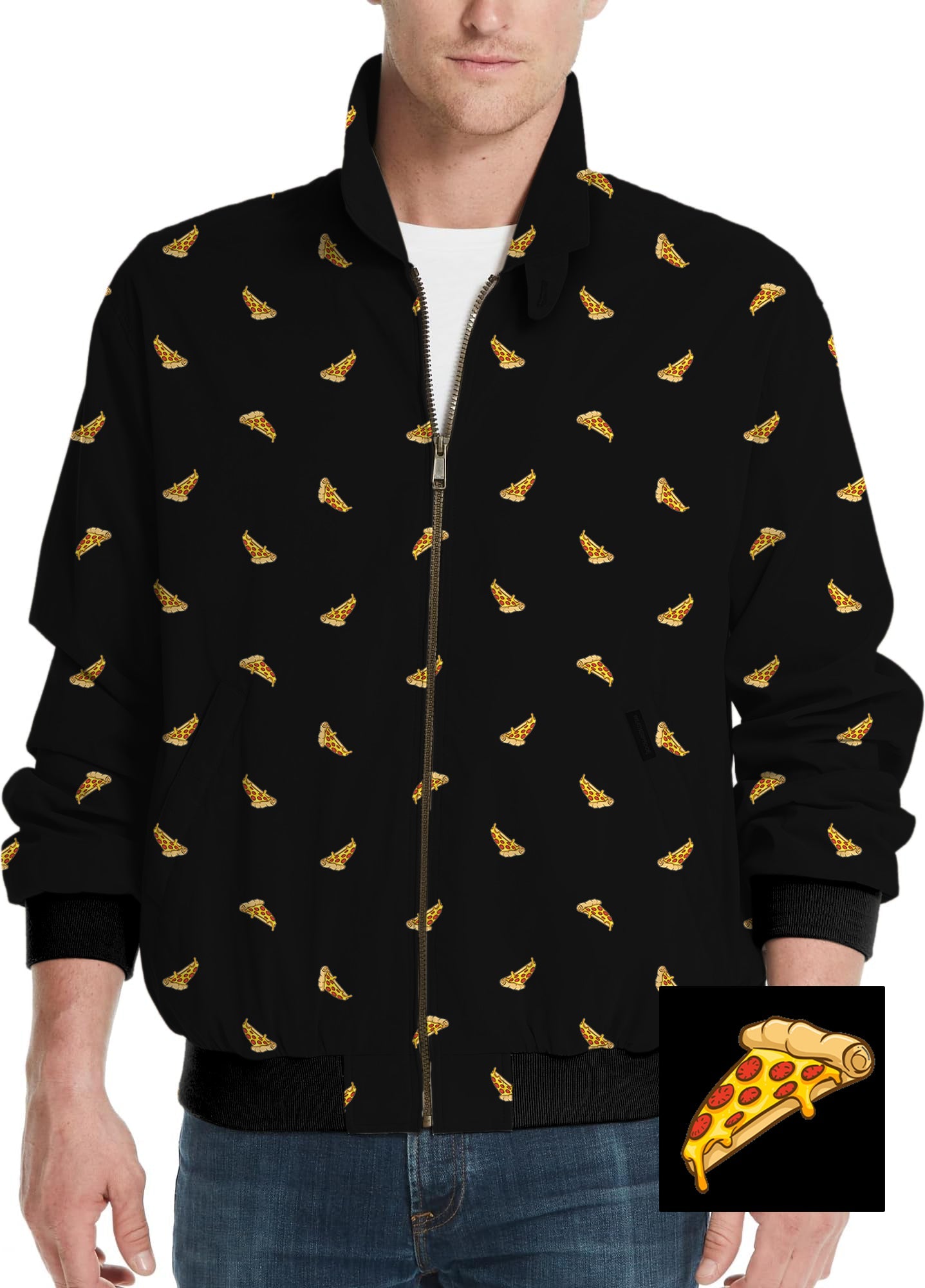 Men's black golf windbreaker jacket with custom white pizza slice pattern design