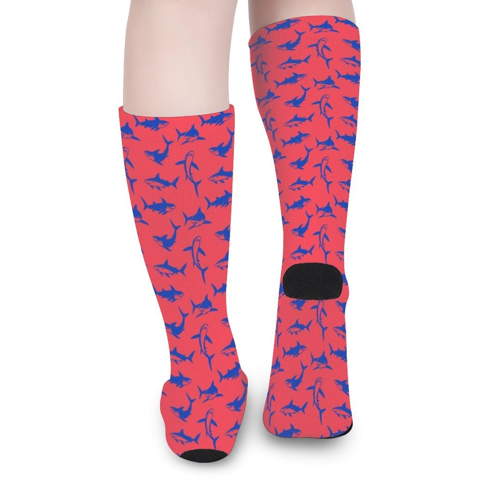 Red socks with blue underwater frenzy shark print, cushioned sole, unisex gift idea