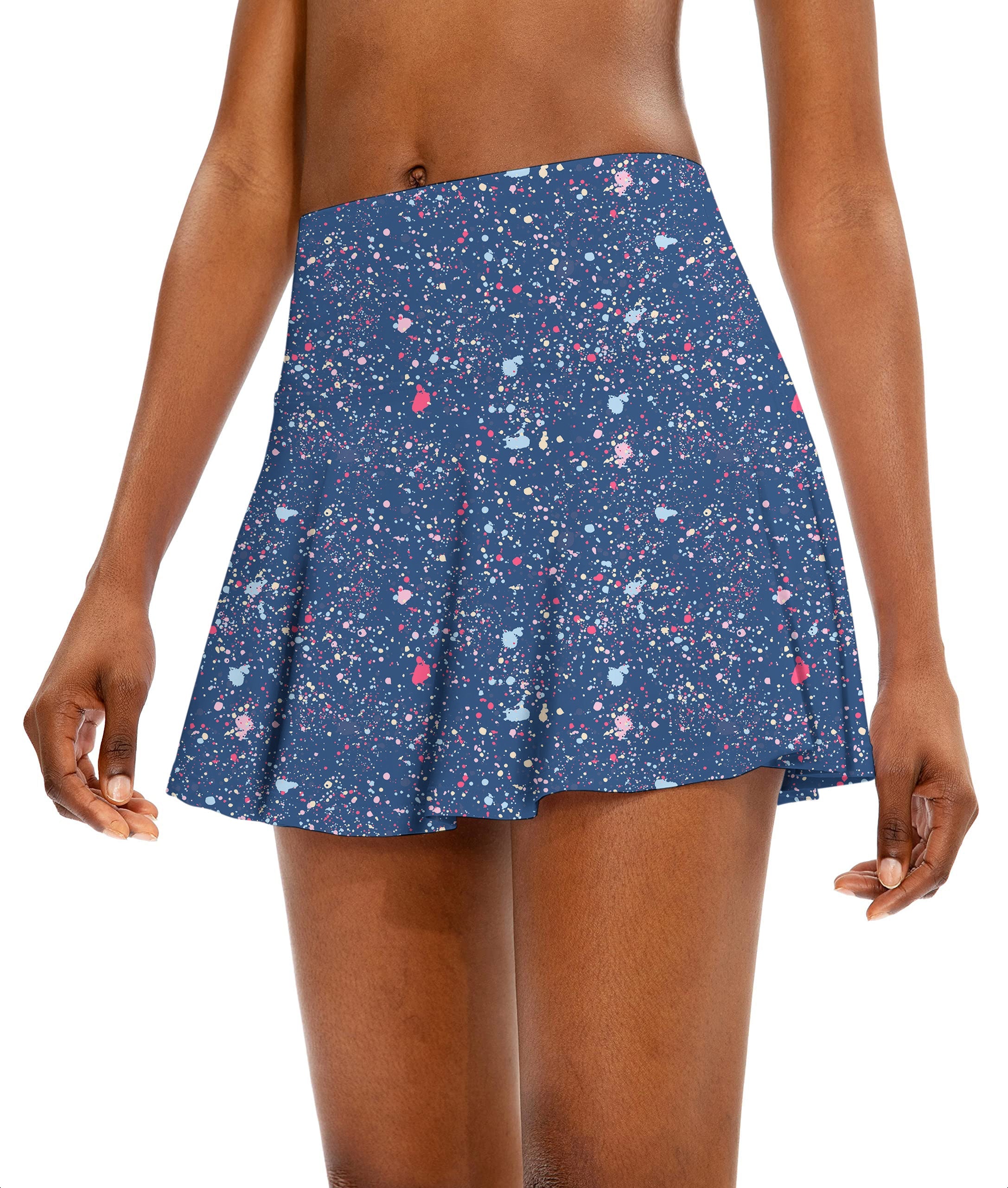 Women's navy blue ink dots athletic golf skort with flared skirt design