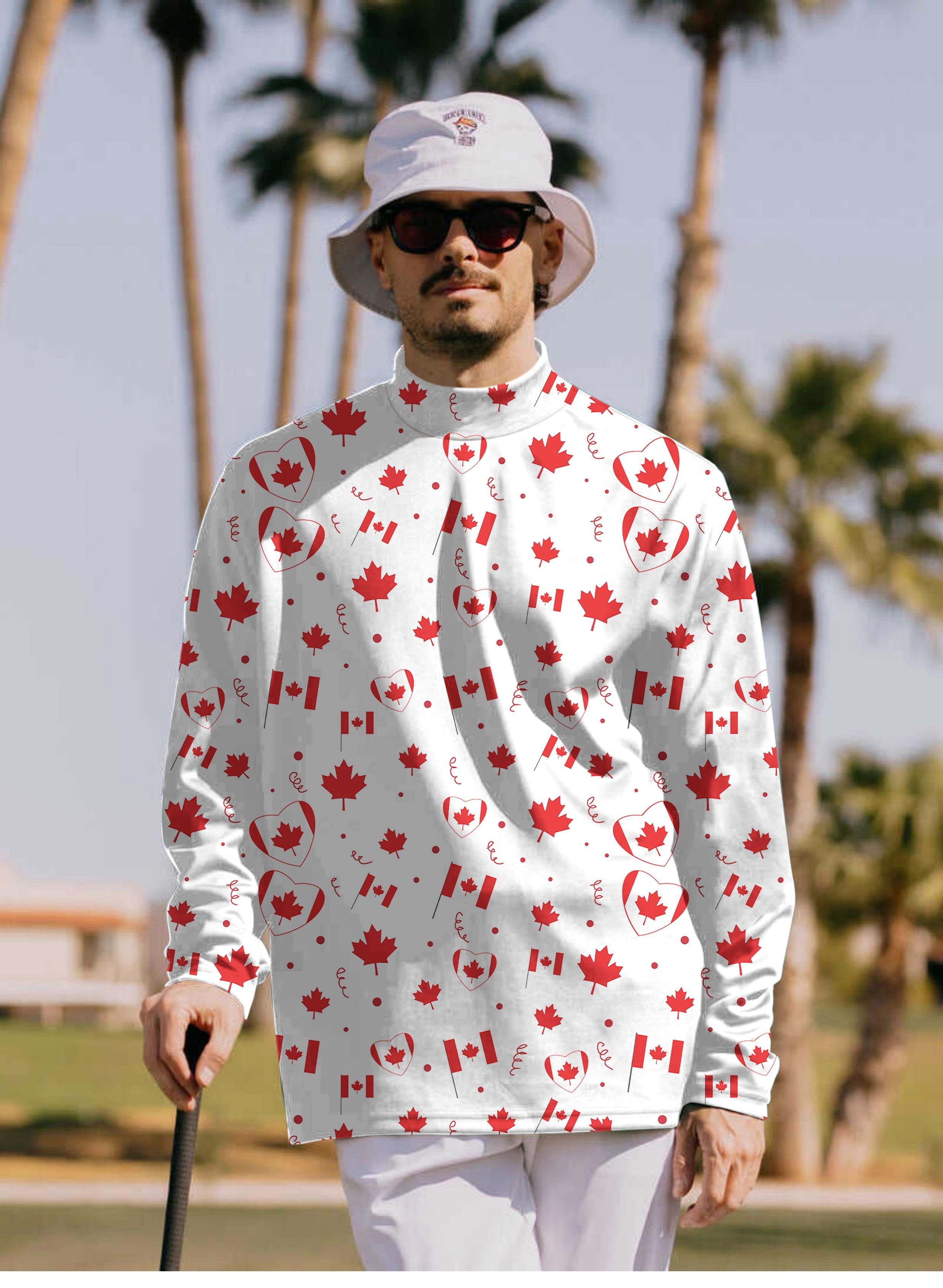 Men's Canadian Patriotic Flag pullover high neck long sleeve T-shirt with red maple leaf and flag prints