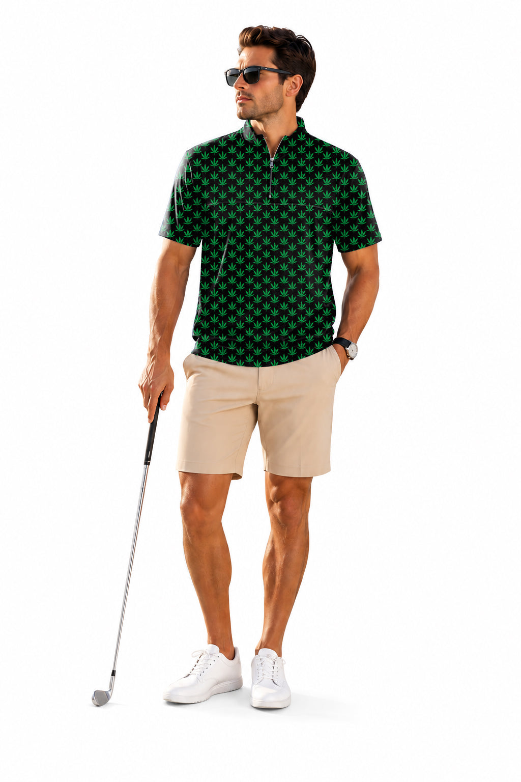 Men's Short Sleeve Quarter Zip Golf Pullover Leaf Embroidery
