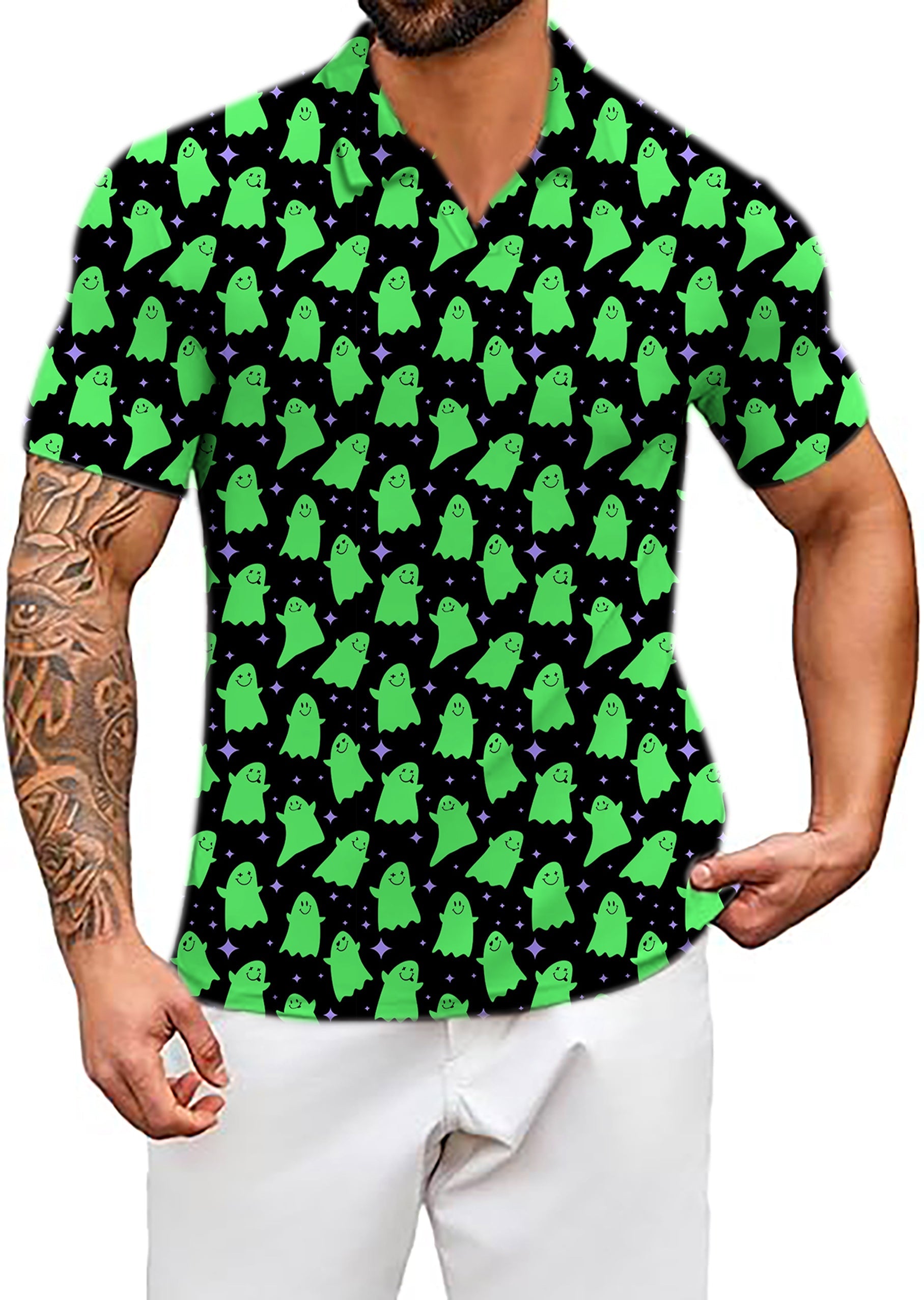 Men's Coconut Palm Green ghost print V-neck golf polo shirt with stretch and moisture-wicking fabric