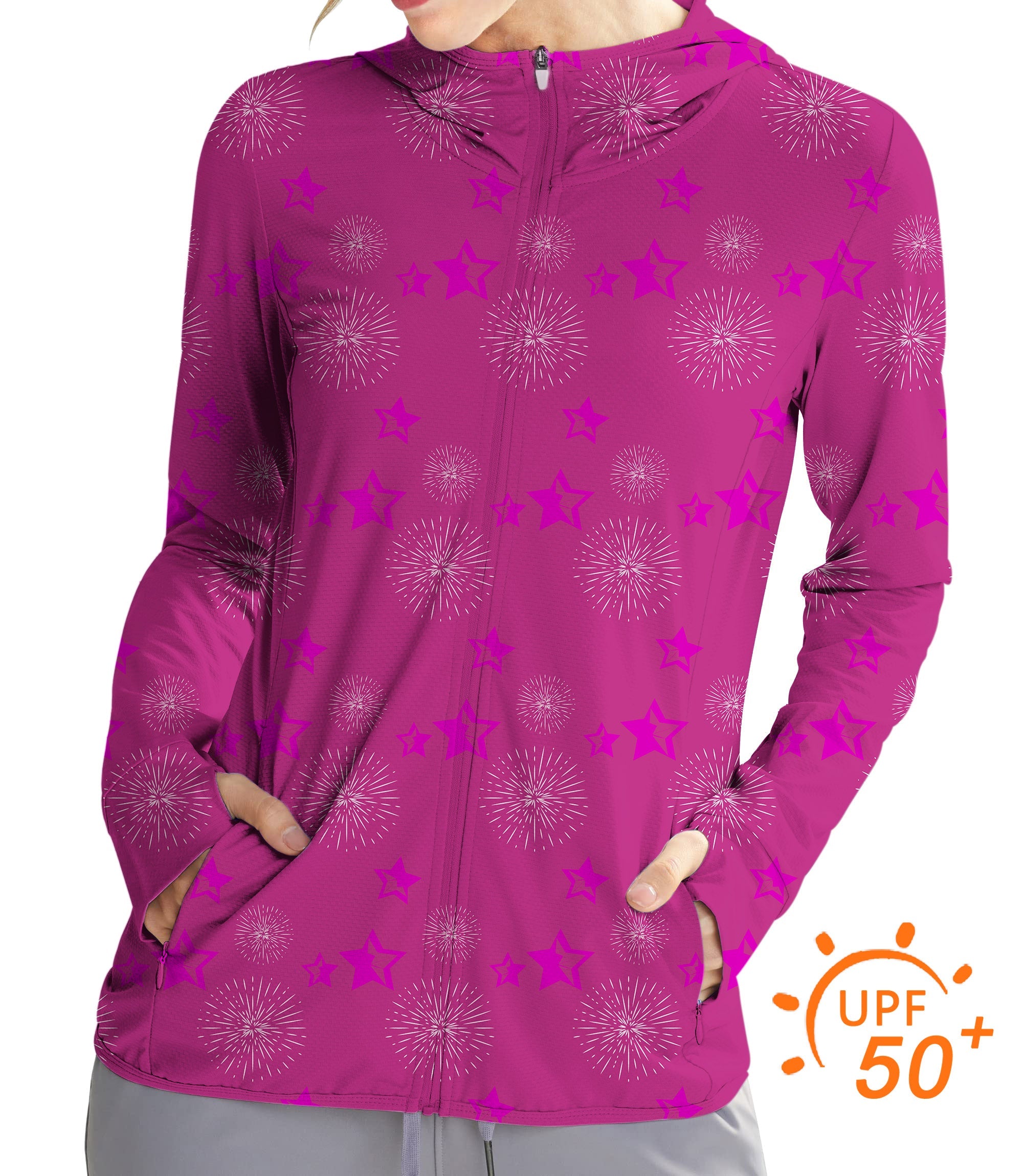 Women's outdoor pentagram print slim fit golf sun protection hoodie with UPF 50+ and thumb holes