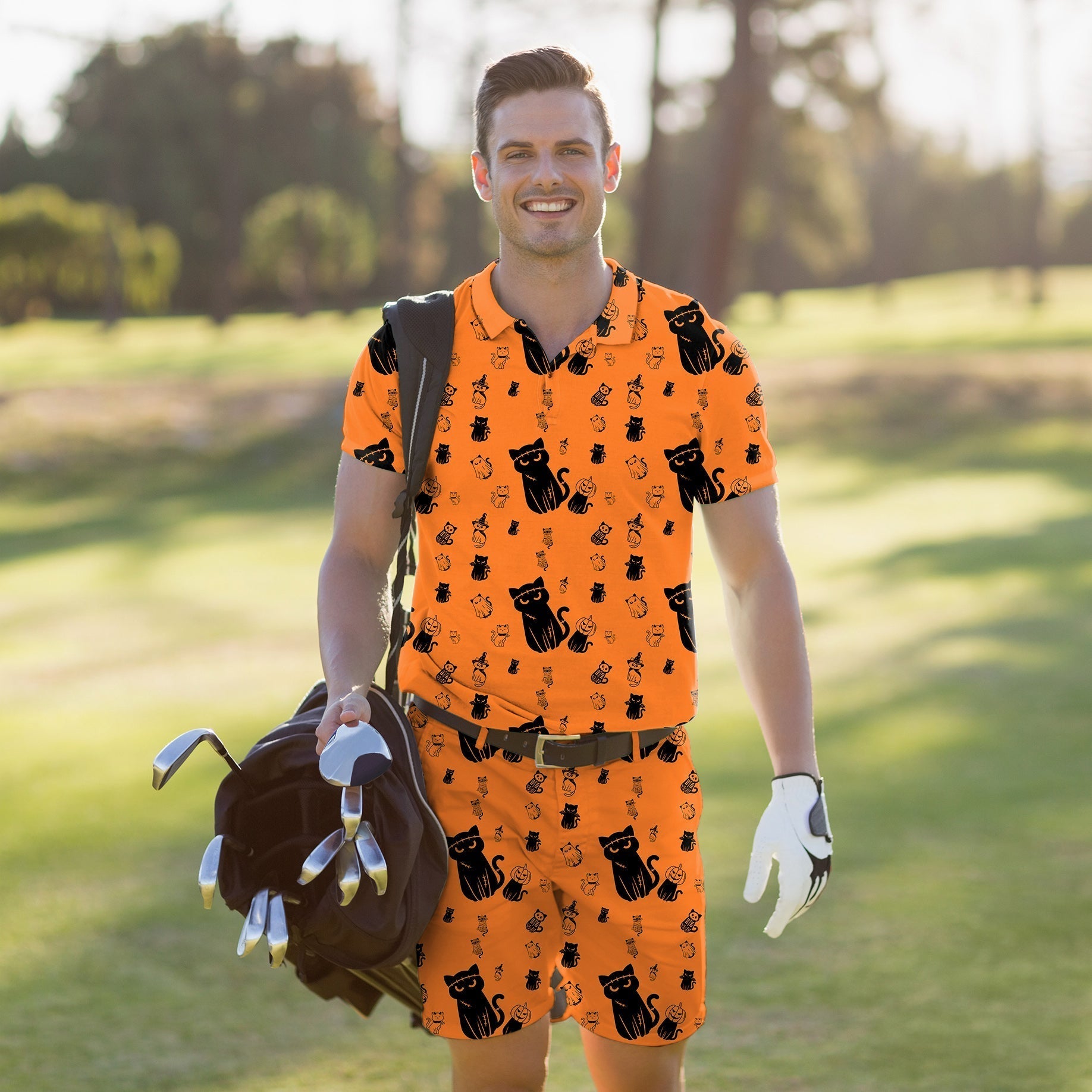 Men's golf set with orange Halloween cat print polo shirt and shorts, stretch, moisture-wicking, UPF 40+ protection