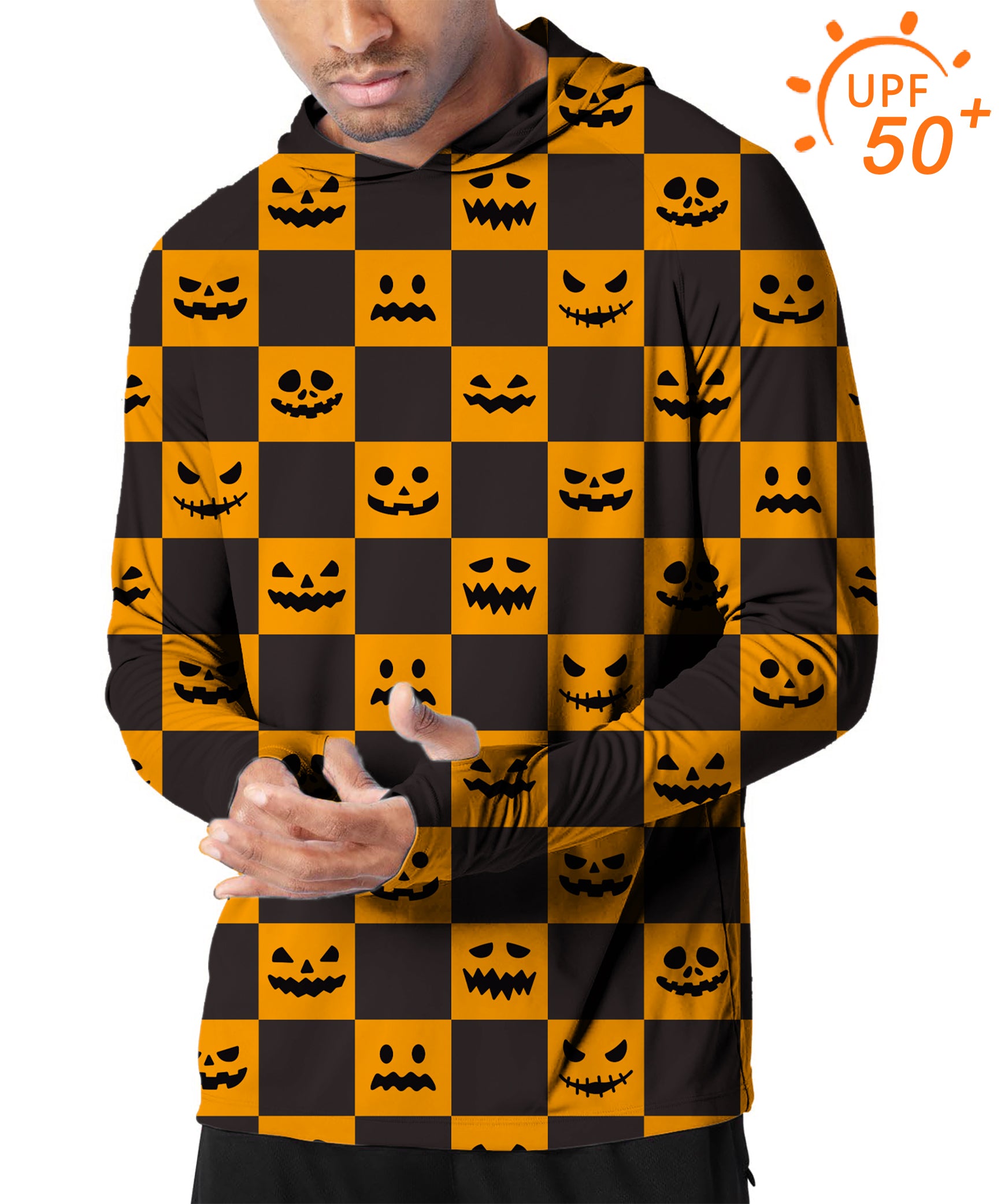 Men's Outdoor Halloween black and yellow checkerboard pumpkin Golf Sun Protection Loose Fit hoodies