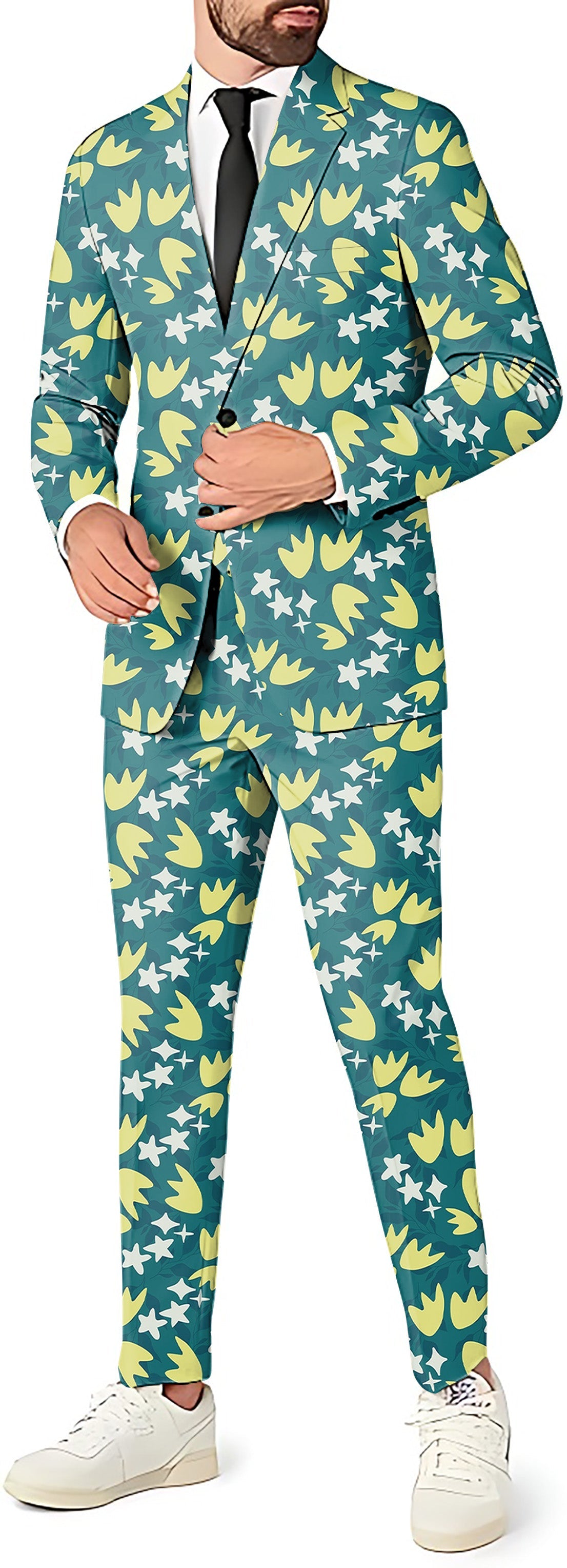 Pro Player Men?¡¥s party suit set with blazer, pants, and vest in blue and yellow patterned design