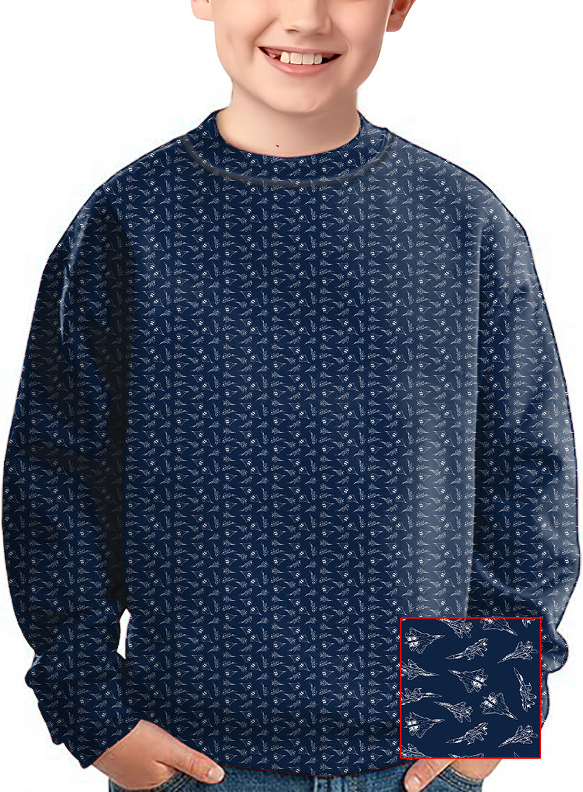 Kids navy blue Fighter Crewneck Pullover with subtle pattern and custom team logo options