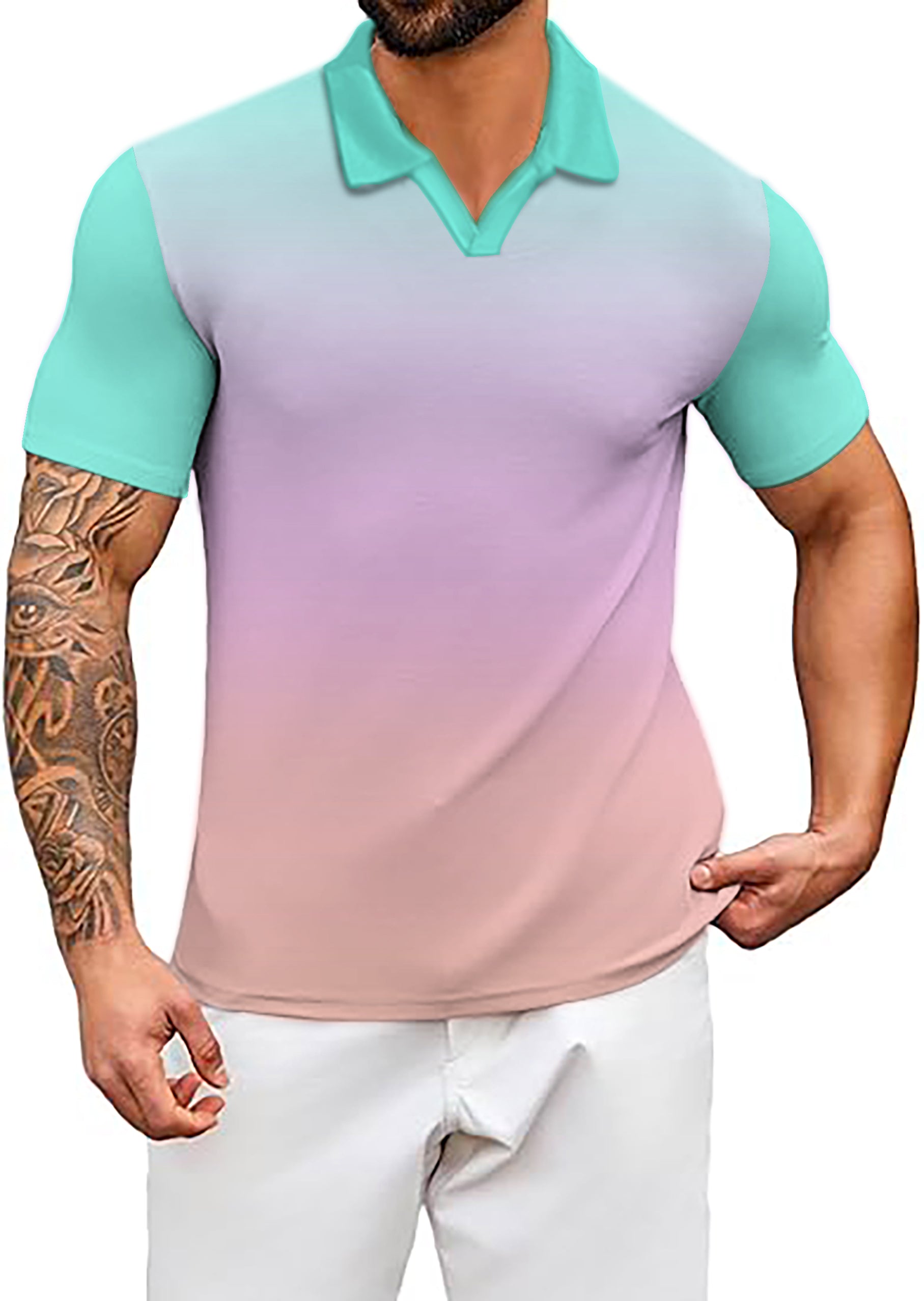 Men's Pink Gradient V Neck Golf Polo Shirts