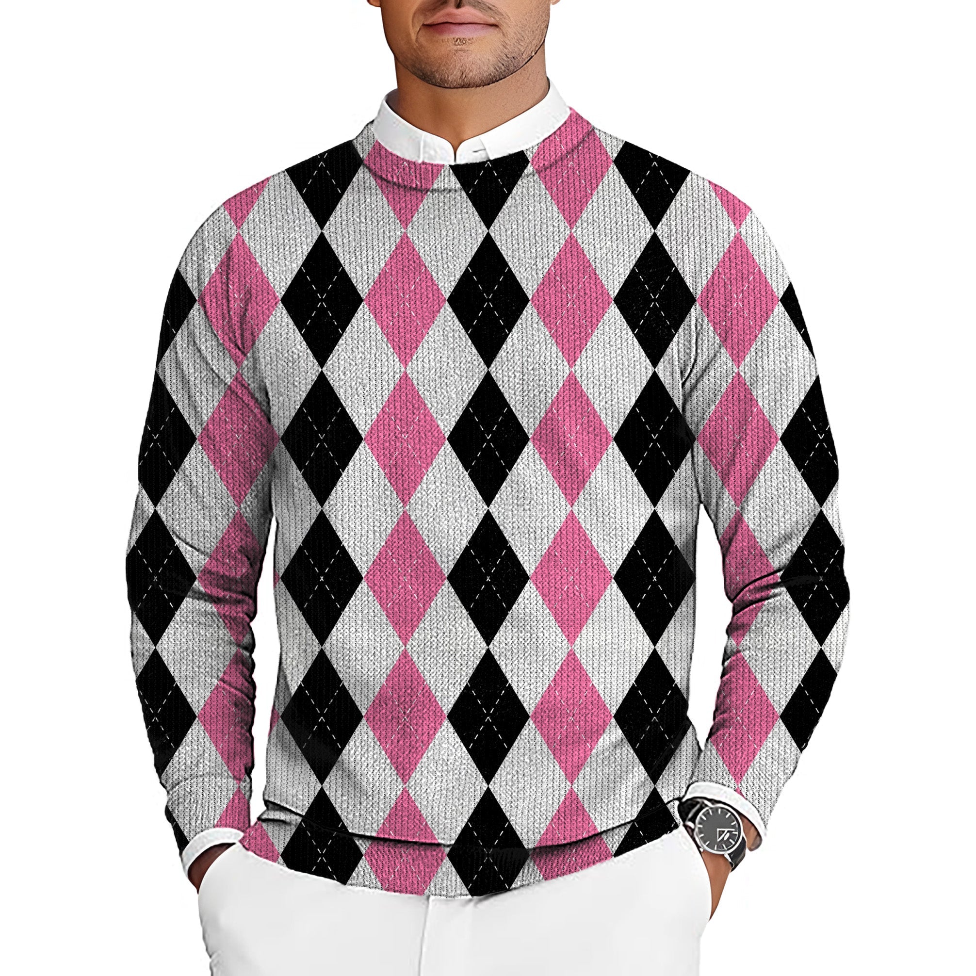 men's pink black argyle golf crewneck pullover sweater