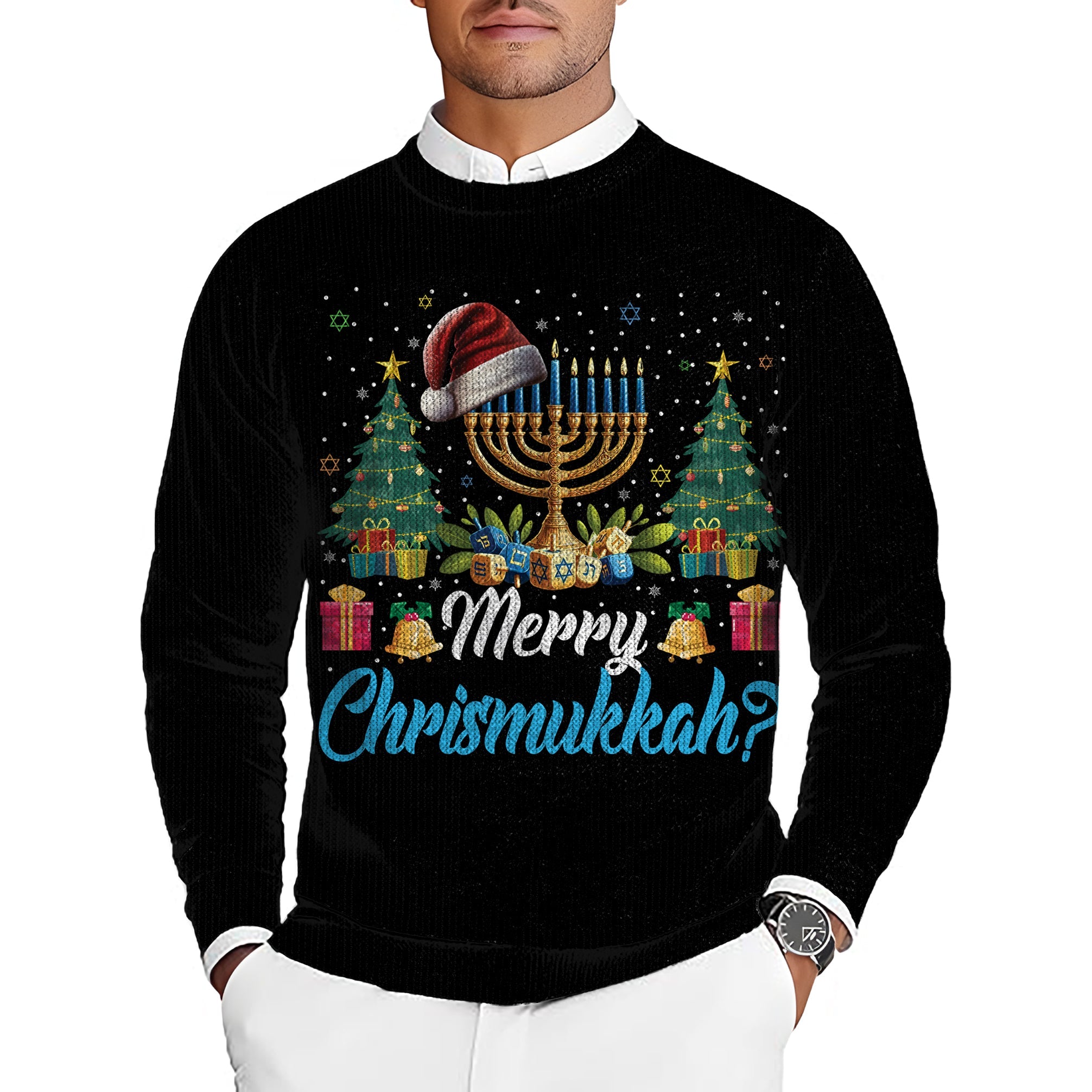 Men's black golf crewneck pullover ugly sweater with Christmas and Hanukkah design and "Merry Chrismukkah" text