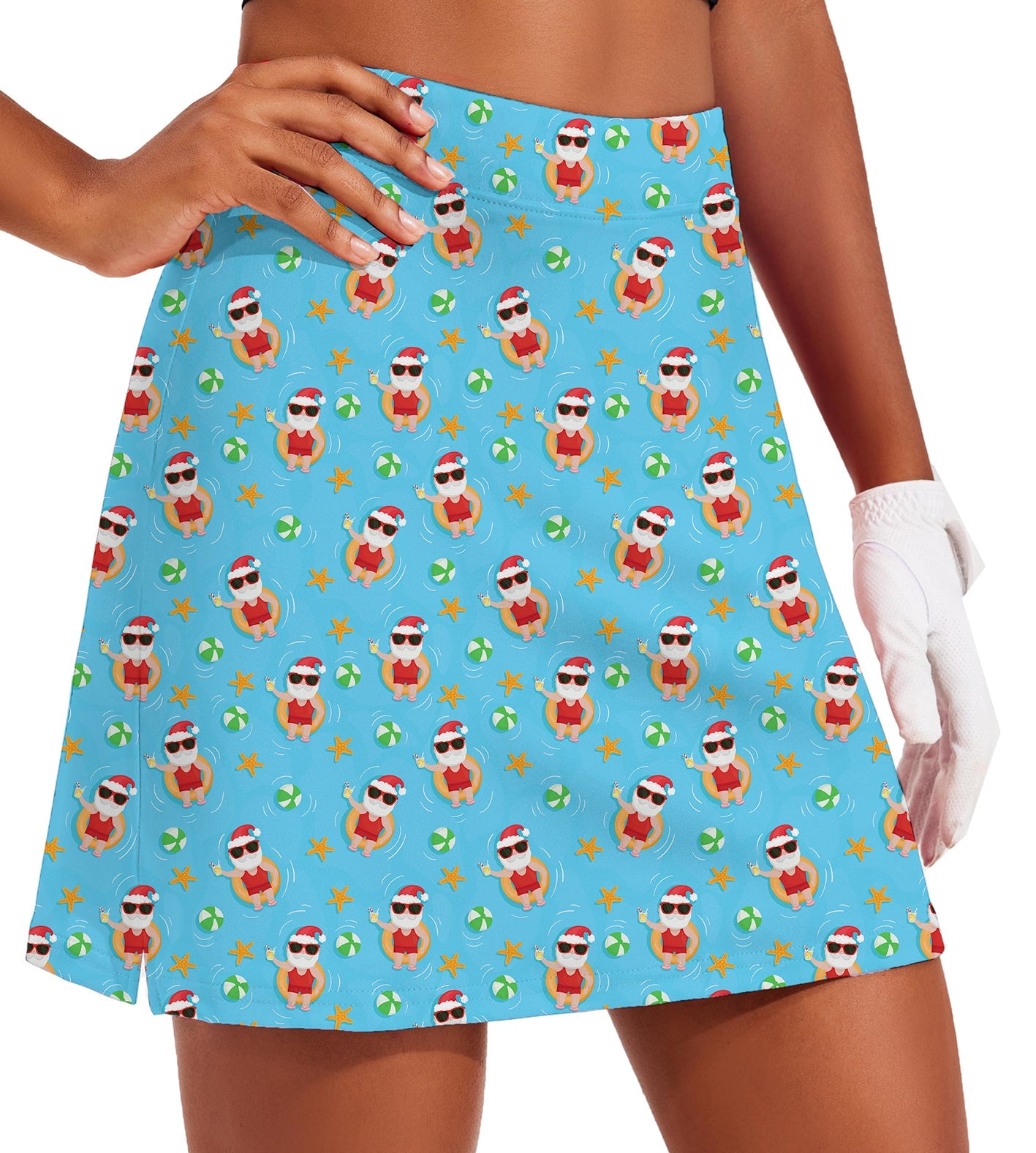 Women's Christmas Santa Swim juice golf skirt with breathable fabric, inner shorts, hidden pockets, and silicone leg grippers for sports.