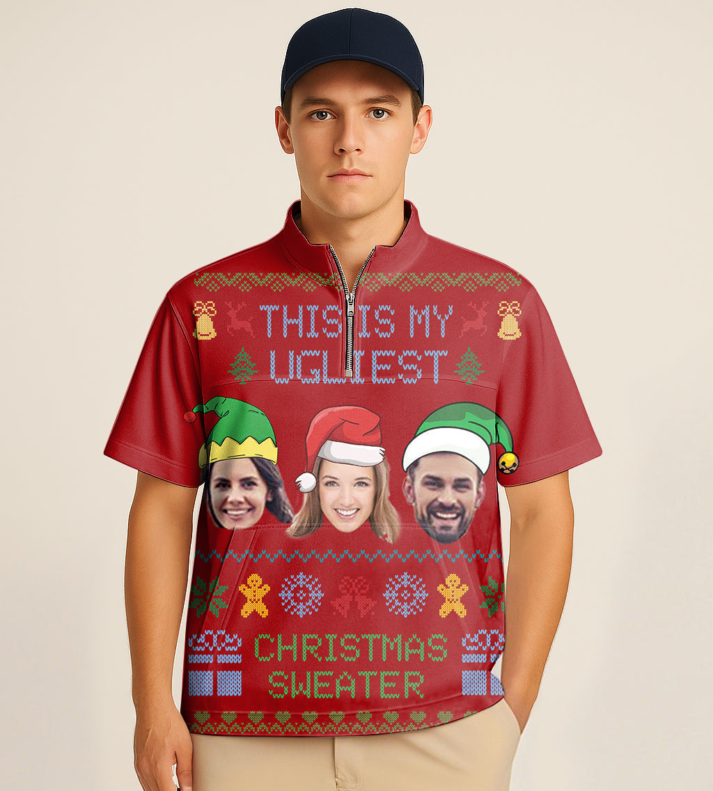 Men's red half zipper turtleneck golf shirt with Christmas custom face embroidery and festive design