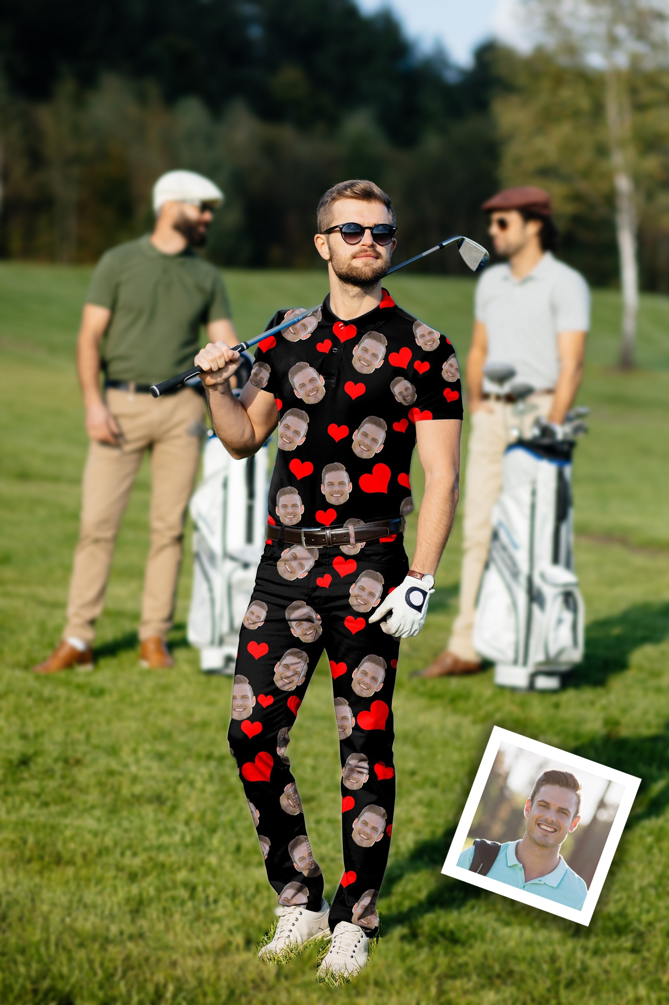 Men's golf set polo and pants with custom red heart and funny face photo design on golf course