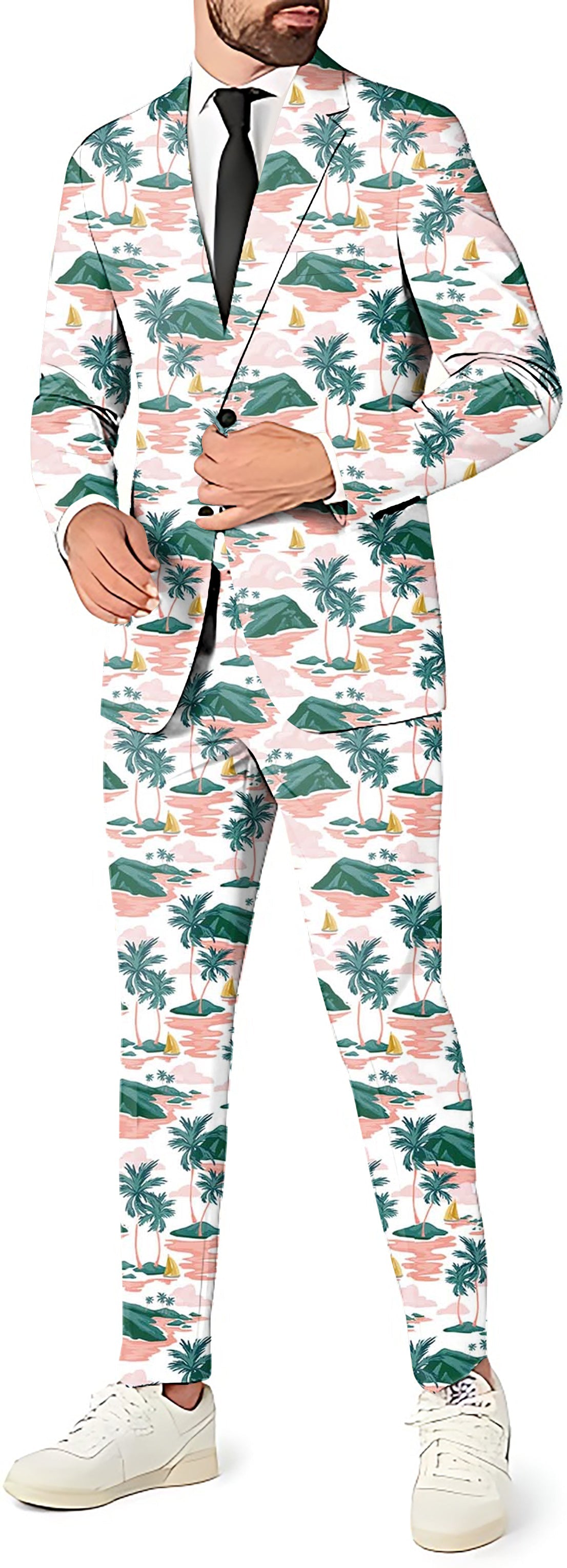 Paradise Island men's party suit set with blazer, pants, and vest featuring tropical island print