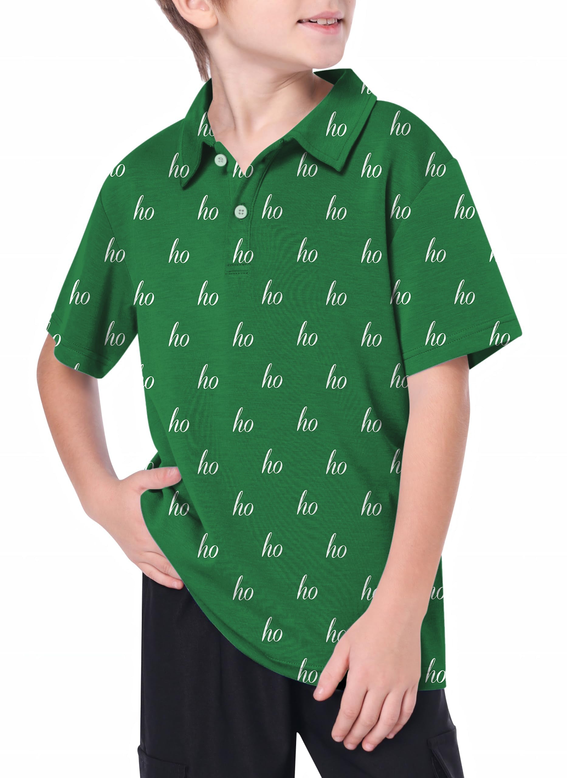 Youth wearing green custom name Christmas golf polo with "ho" pattern, short sleeves and collar