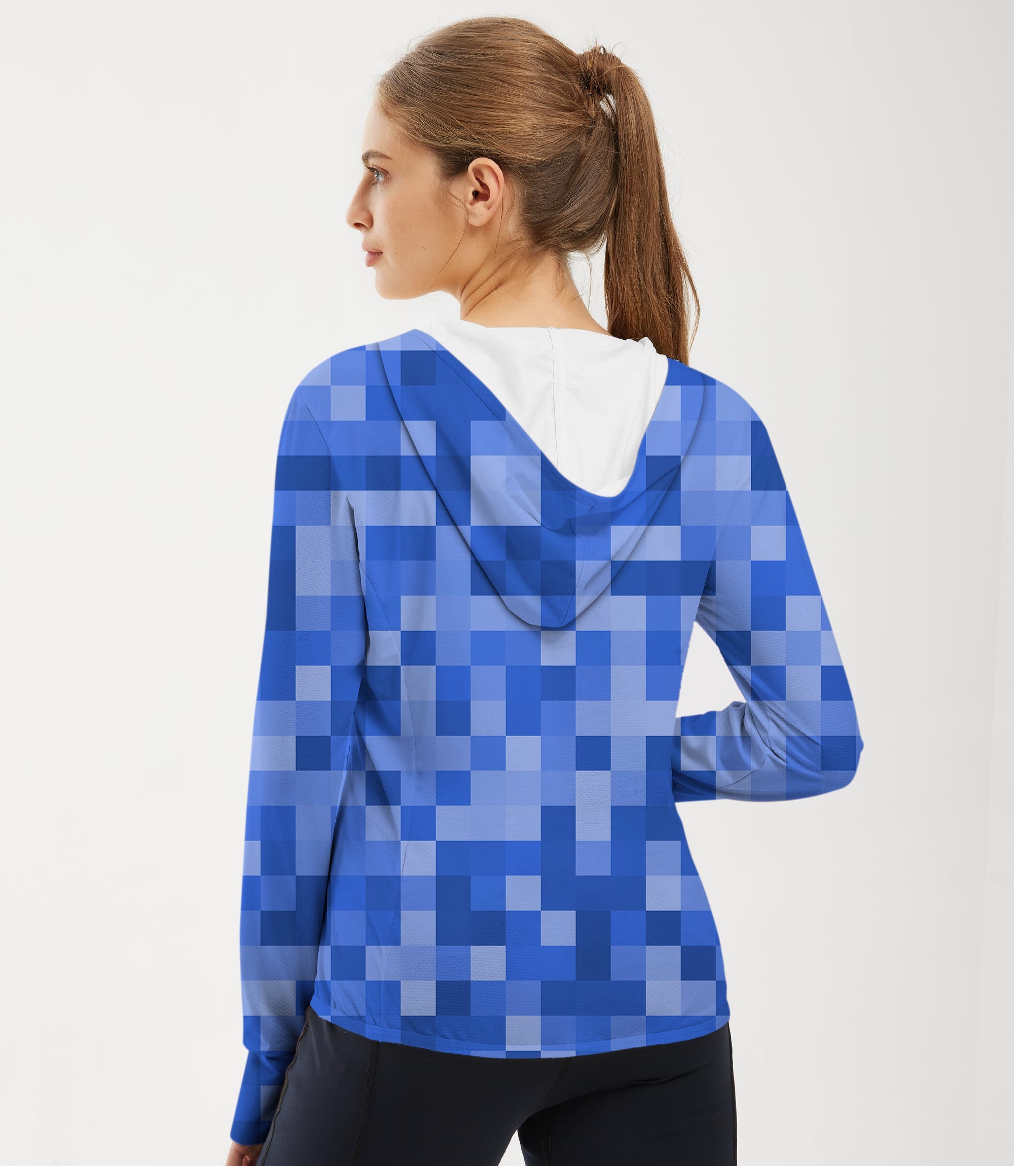 Women's outdoor navy blue pixel pattern slim fit zip hoodie with sun protection and hood design