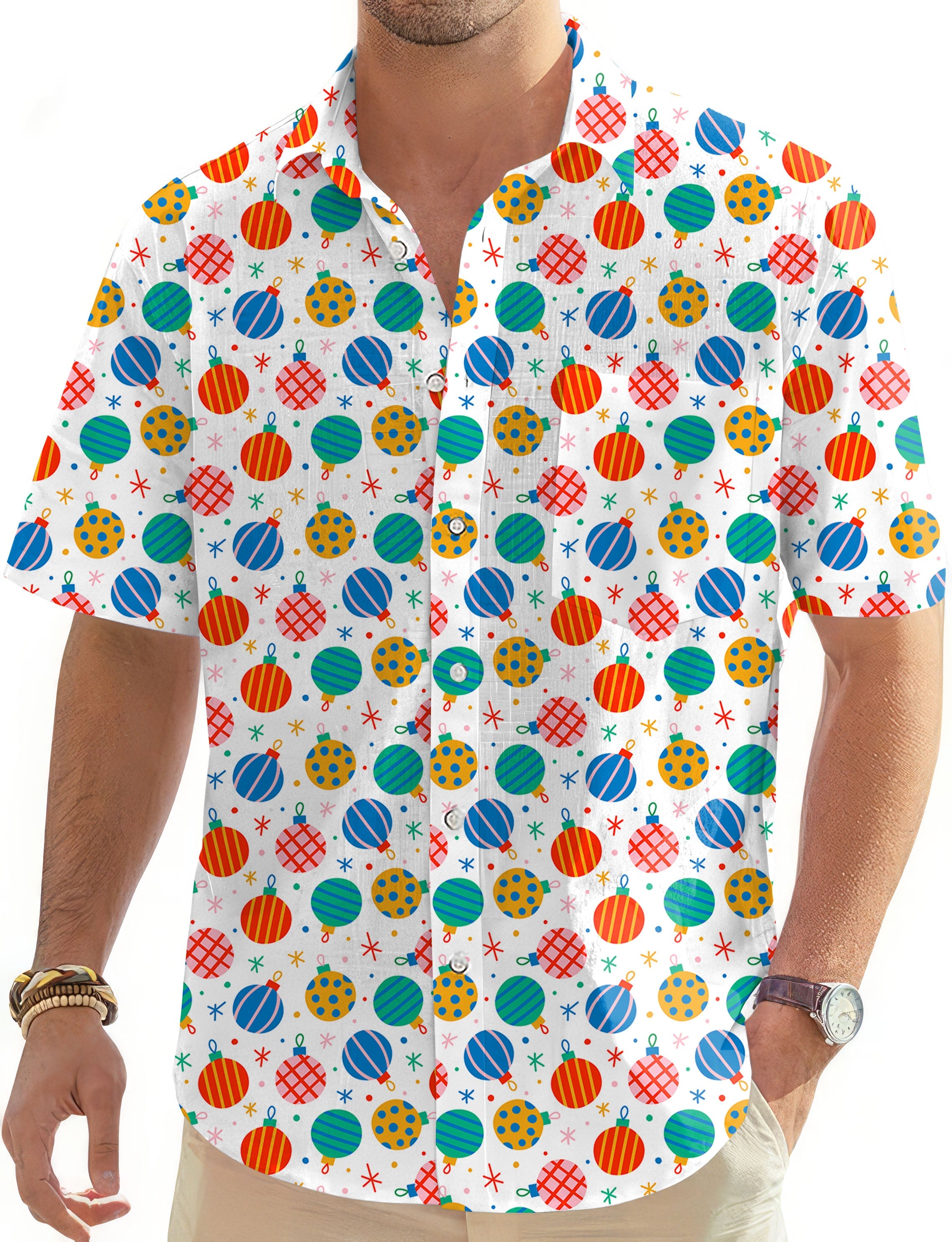 Men's Christmas decoration golf Hawaiian shirt with colorful ornament print and button-down collar