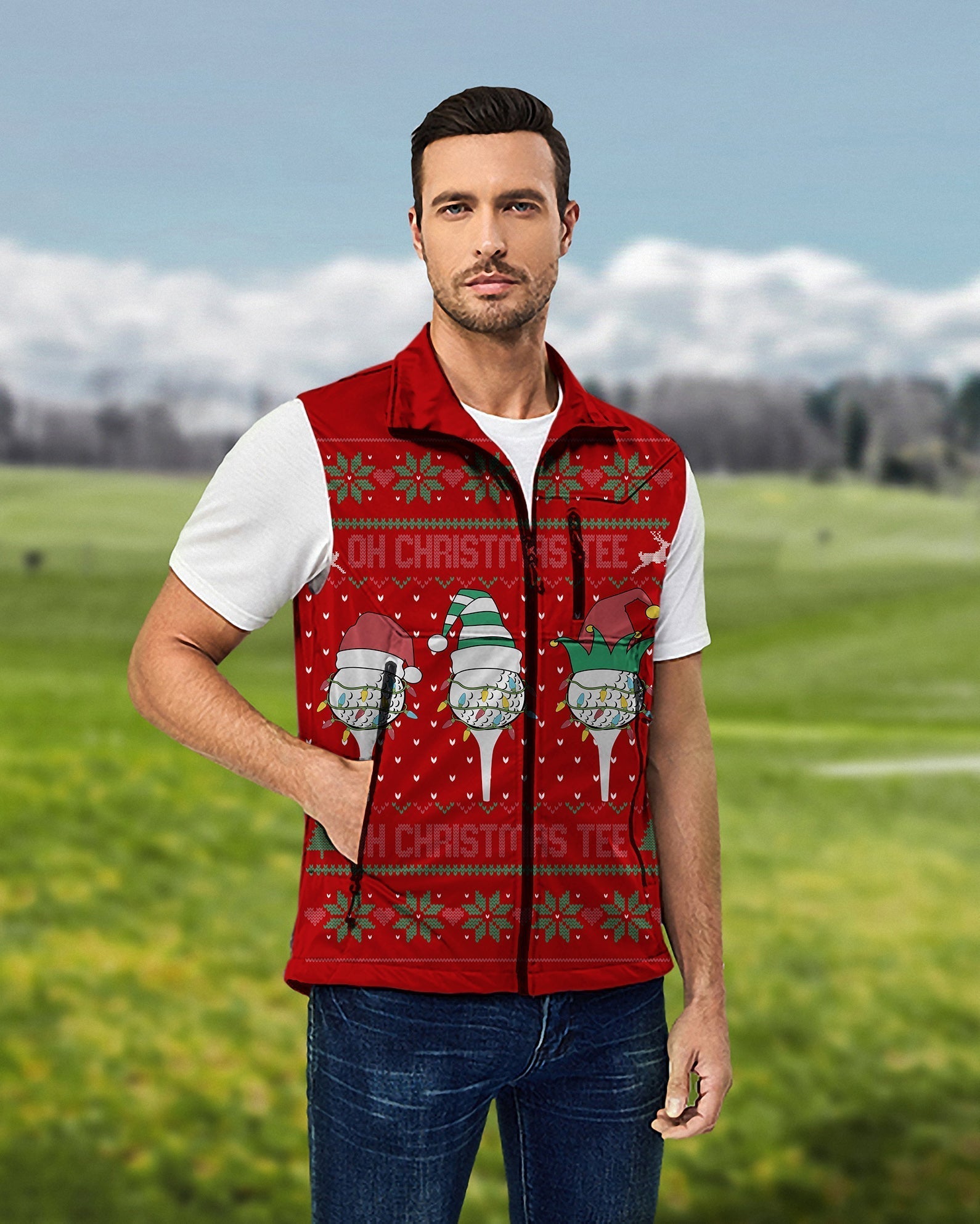 Men's red Christmas softshell vest sleeveless jacket for golf with custom face design, windproof and waterproof