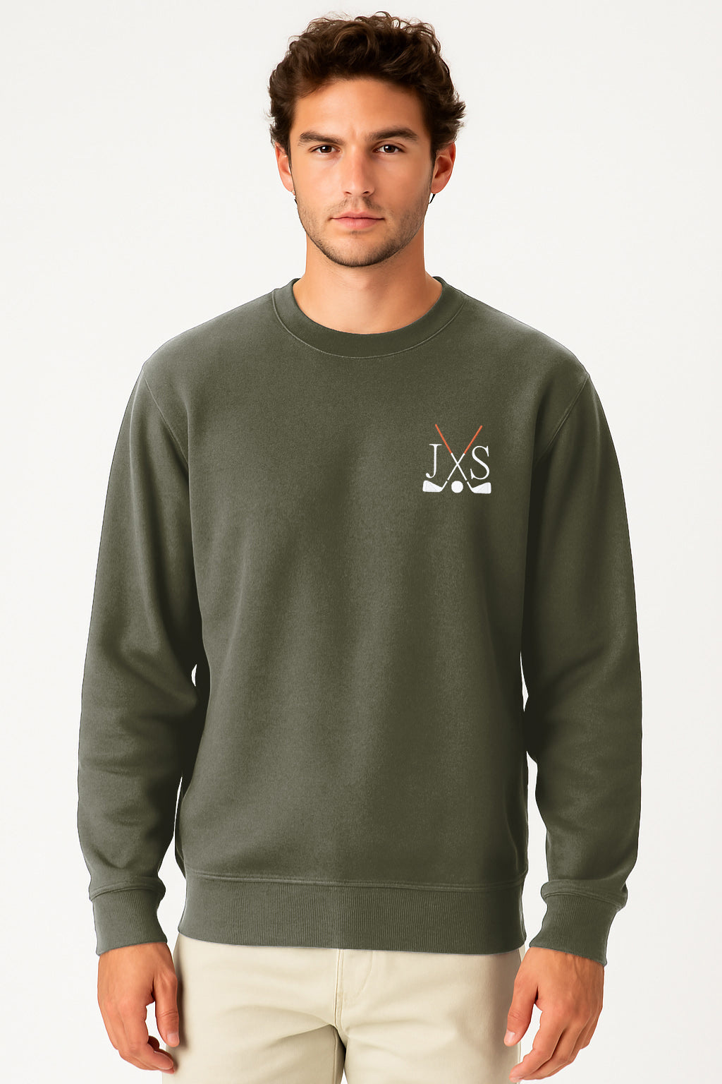 Green embroidery solid color plus size men's crew neck sweatshirt with twill-taped neck and front pouch pocket