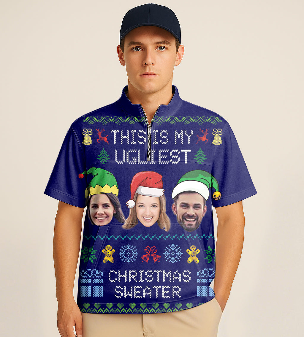 Navy half zipper turtleneck golf shirt with custom Christmas face embroidery and festive design