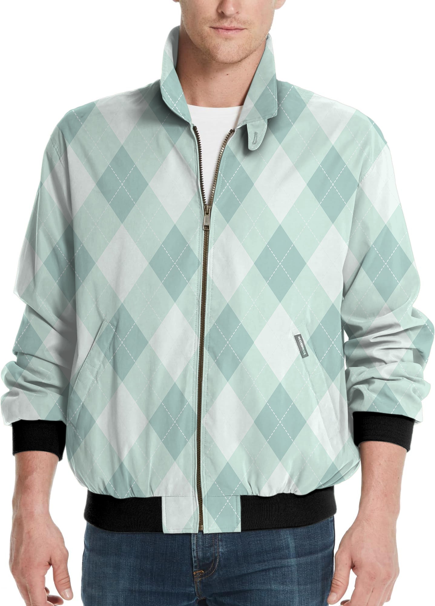 Men's golf windbreaker jacket in green argyle pattern with zipper and black cuffs