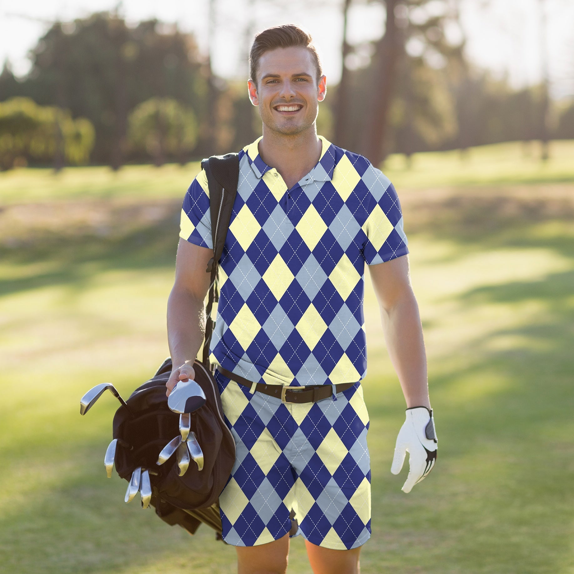 Men's golf set with blue and yellow argyle polo and matching shorts on golfer outdoors