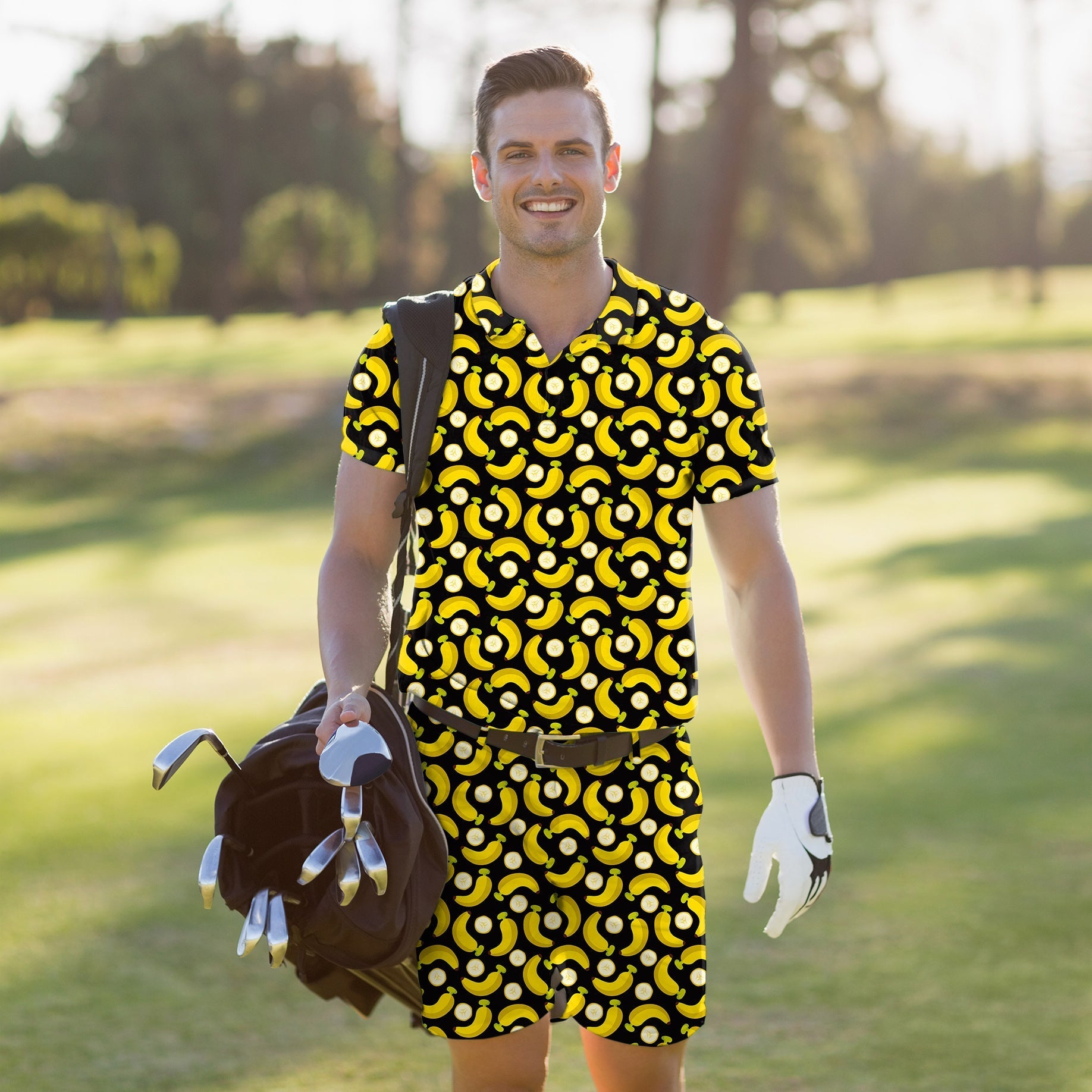 Men's golf set polo and shorts with Halloween bananas and banana peels pattern, four-way stretch, moisture-wicking fabric, and UPF 40+ protection