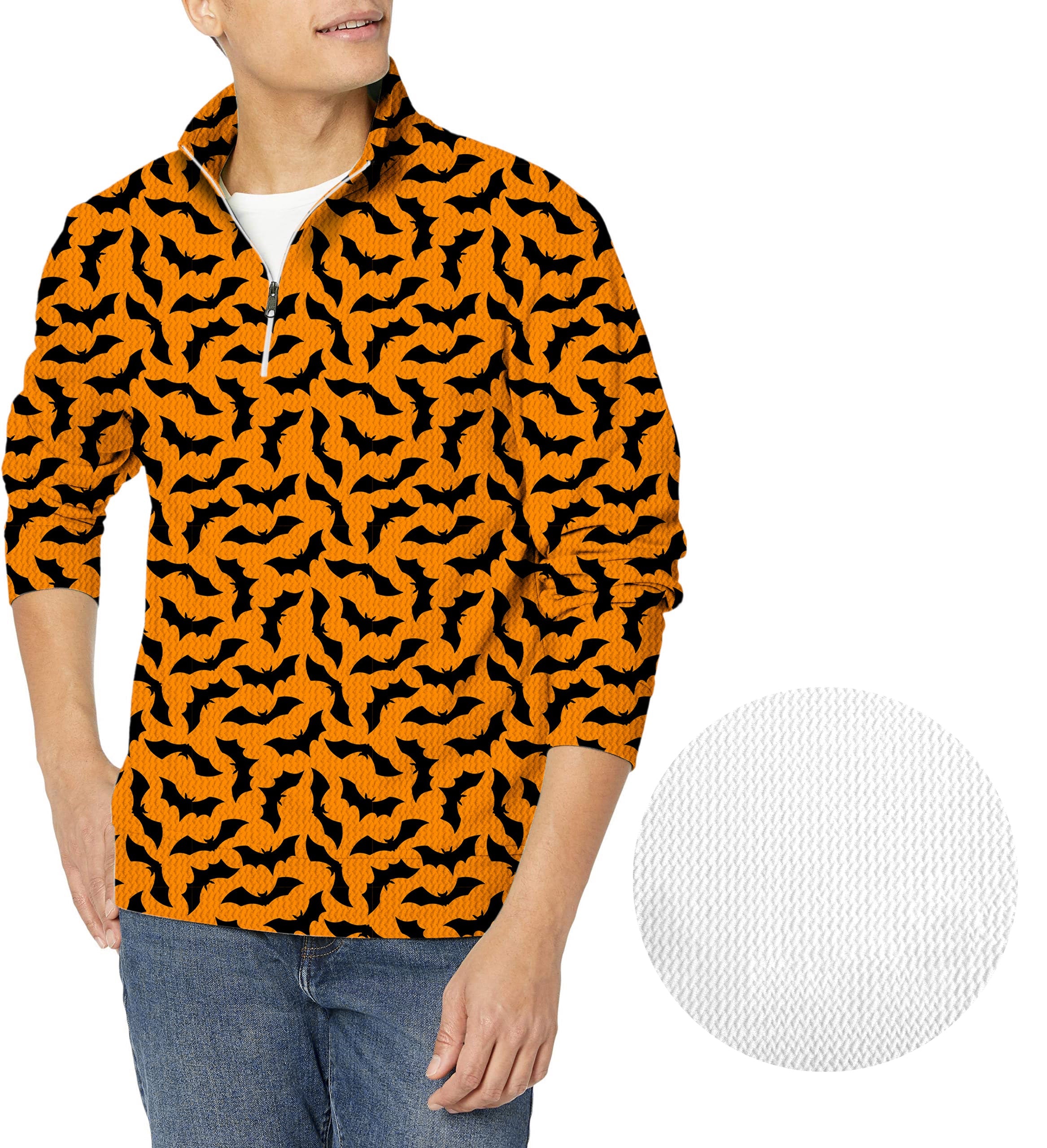 Men's golf pullover with custom Halloween bat pattern and waffle texture in orange and black colors