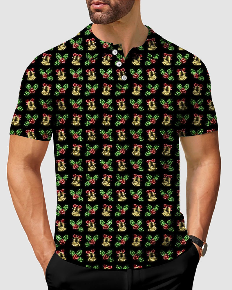 Men's Christmas neon lights polo shirt with festive bell and holly pattern on black background