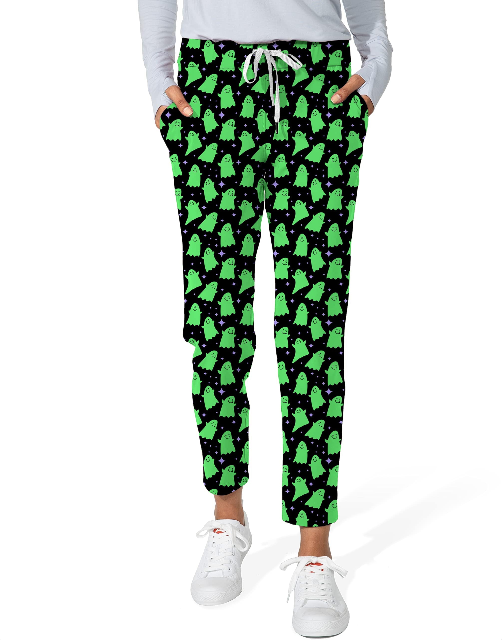 Green Ghost Women's Halloween themed stretch ankle golf pants with ghost print