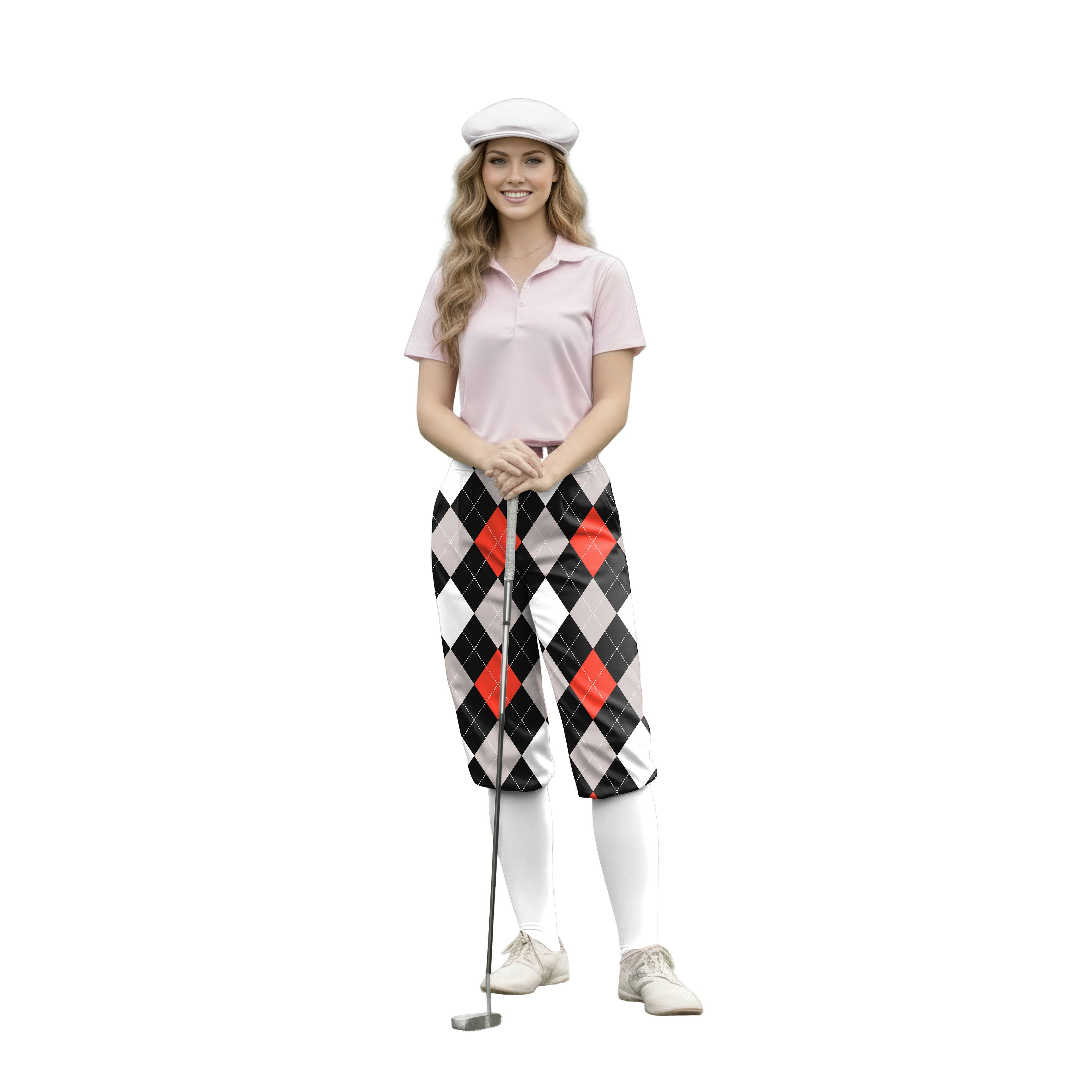 Woman wearing argyle red black golf knickers pants with pink polo and white cap holding golf club