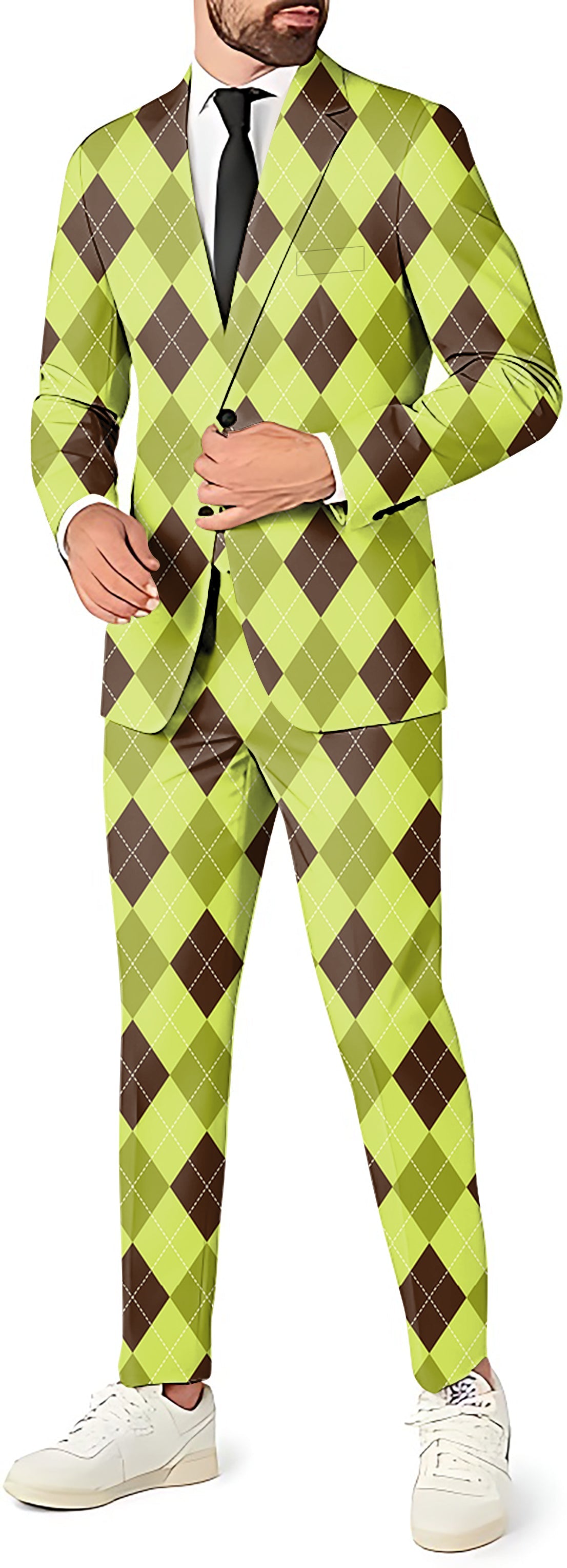 Yollow Argyle men's party suit set with blazer, vest, and pants in lime green argyle pattern