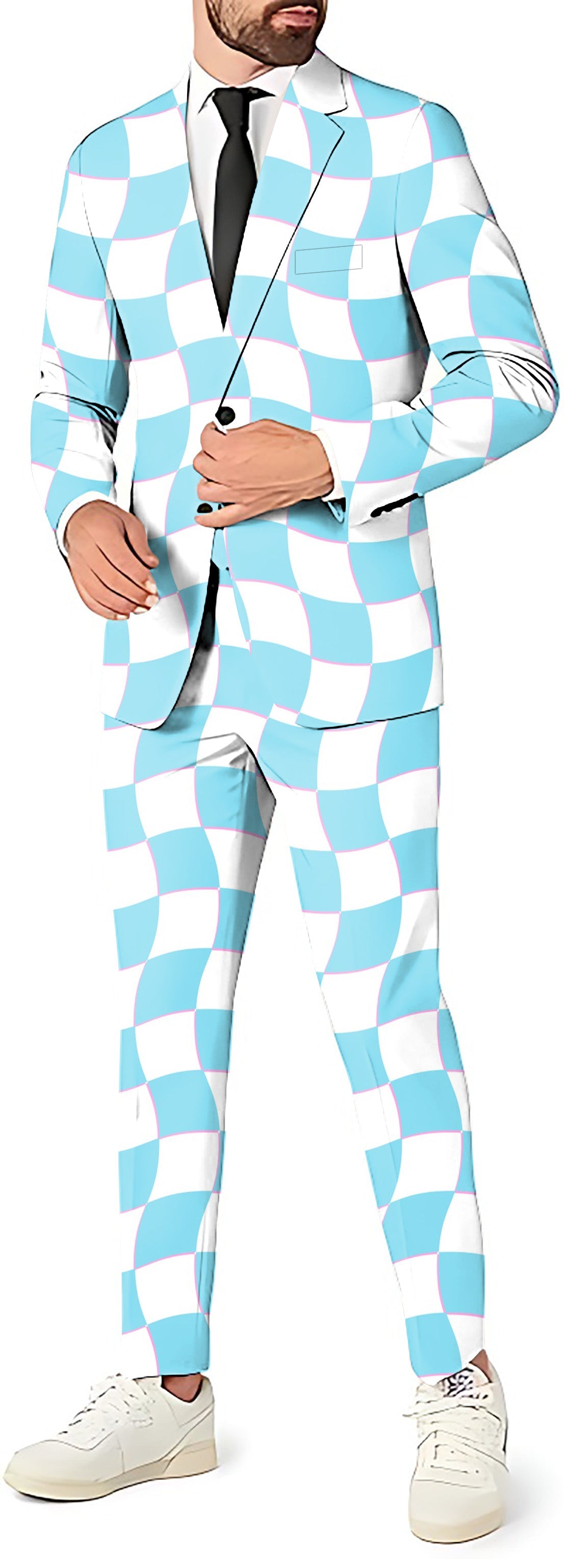 Summer checkers men's slim fit party blazer and pants suit set with blue and white pattern